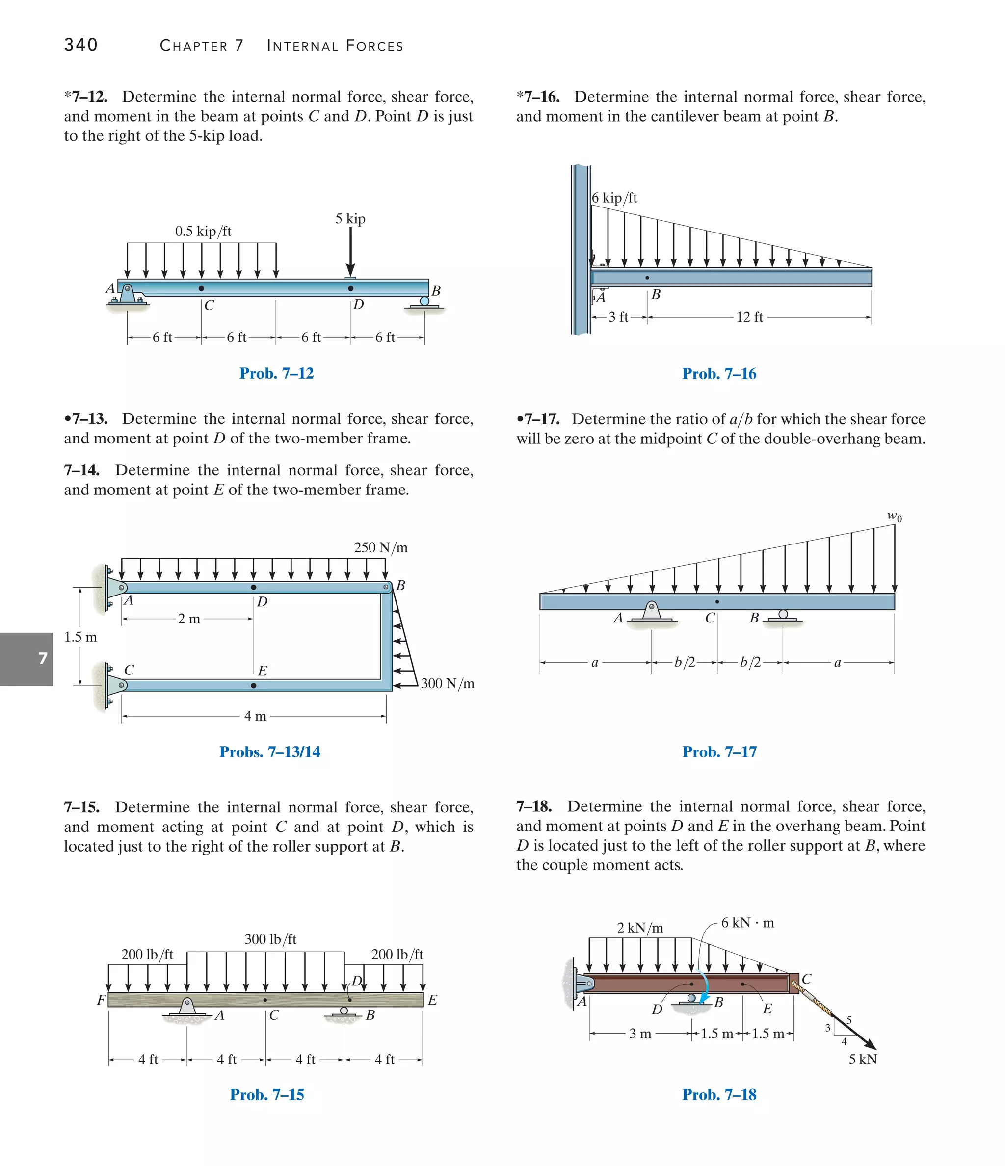 340 CHAPTER 7 INTERNAL FORCES
7
*7–16. Determine the internal normal force, shear force,
and moment in the cantilever beam at point B.
•7–13. Determine the internal normal force, shear force,
and moment at point D of the two-member frame.
7–14. Determine the internal normal force, shear force,
and moment at point E of the two-member frame.
•7–17. Determine the ratio of for which the shear force
will be zero at the midpoint C of the double-overhang beam.
ab
6 ft 6 ft 6 ft 6 ft
5 kip
0.5 kip/ft
A
C D
B
Prob. 7–12
2 m
1.5 m
250 N/m
300 N/m
4 m
A
C
D
E
B
Probs. 7–13/14
200 lb/ft
200 lb/ft
300 lb/ft
4 ft
A
F E
C B
D
4 ft
4 ft
4 ft
Prob. 7–15
A
6 kip/ft
B
12 ft
3 ft
Prob. 7–16
B
C
a b/2 b/2
w0
a
A B
C
Prob. 7–17
7–15. Determine the internal normal force, shear force,
and moment acting at point C and at point D, which is
located just to the right of the roller support at B.
7–18. Determine the internal normal force, shear force,
and moment at points D and E in the overhang beam. Point
D is located just to the left of the roller support at B, where
the couple moment acts.
2 kN/m
5 kN
3 m 1.5 m 3
4
5
A
D
B E
C
6 kN  m
1.5 m
Prob. 7–18
*7–12. Determine the internal normal force, shear force,
and moment in the beam at points C and D. Point D is just
to the right of the 5-kip load.
 