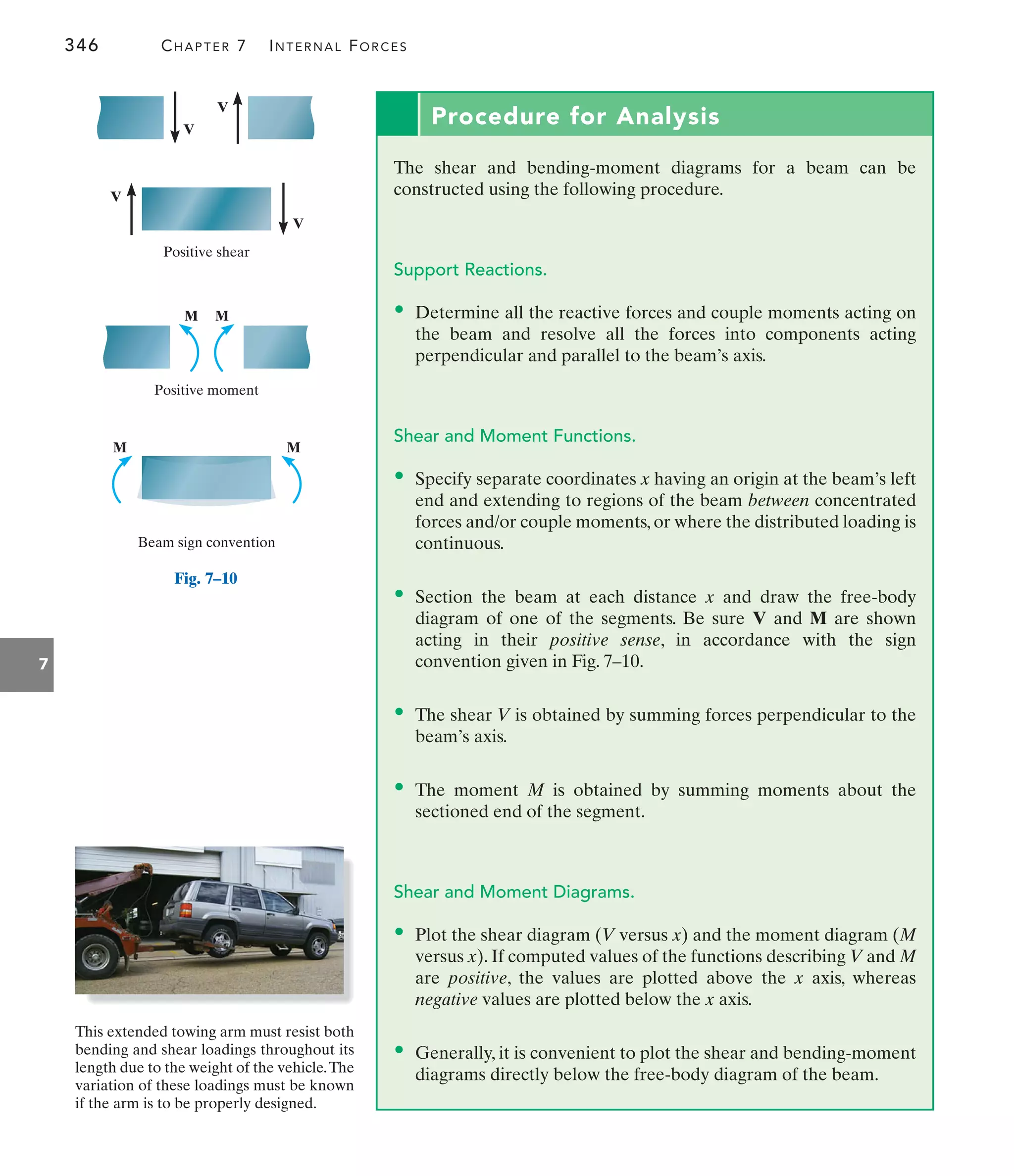 346 CHAPTER 7 INTERNAL FORCES
7
Positive shear
Positive moment
Beam sign convention
M M
V
V
V
V
M M
Fig. 7–10
This extended towing arm must resist both
bending and shear loadings throughout its
length due to the weight of the vehicle.The
variation of these loadings must be known
if the arm is to be properly designed.
Procedure for Analysis
The shear and bending-moment diagrams for a beam can be
constructed using the following procedure.
Support Reactions.
• Determine all the reactive forces and couple moments acting on
the beam and resolve all the forces into components acting
perpendicular and parallel to the beam’s axis.
Shear and Moment Functions.
• Specify separate coordinates x having an origin at the beam’s left
end and extending to regions of the beam between concentrated
forces and/or couple moments, or where the distributed loading is
continuous.
• Section the beam at each distance x and draw the free-body
diagram of one of the segments. Be sure V and M are shown
acting in their positive sense, in accordance with the sign
convention given in Fig. 7–10.
• The shear V is obtained by summing forces perpendicular to the
beam’s axis.
• The moment M is obtained by summing moments about the
sectioned end of the segment.
Shear and Moment Diagrams.
• Plot the shear diagram (V versus x) and the moment diagram (M
versus x). If computed values of the functions describing V and M
are positive, the values are plotted above the x axis, whereas
negative values are plotted below the x axis.
• Generally, it is convenient to plot the shear and bending-moment
diagrams directly below the free-body diagram of the beam.
 