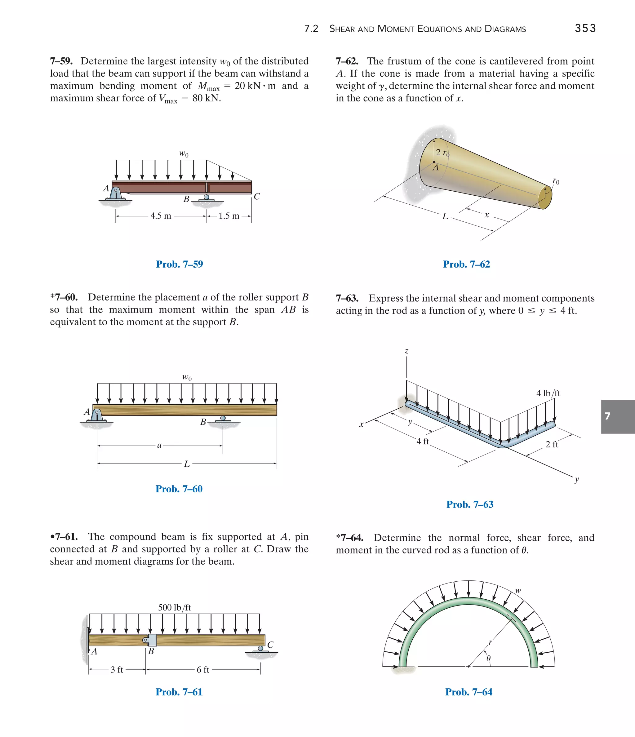 7.2 SHEAR AND MOMENT EQUATIONS AND DIAGRAMS 353
7
L
a
A
B
w0
Prob. 7–59
w0
4.5 m 1.5 m
A
B C
Prob. 7–60
A B
C
500 lb/ft
6 ft
3 ft
Prob. 7–61
A
L x
2 r0
r0
Prob. 7–62
y
z
x
y
4 ft 2 ft
4 lb/ft
Prob. 7–63
r
w
u
Prob. 7–64
*7–60. Determine the placement a of the roller support B
so that the maximum moment within the span AB is
equivalent to the moment at the support B.
•7–61. The compound beam is fix supported at A, pin
connected at B and supported by a roller at C. Draw the
shear and moment diagrams for the beam.
7–59. Determine the largest intensity of the distributed
load that the beam can support if the beam can withstand a
maximum bending moment of and a
maximum shear force of .
V
max = 80 kN
Mmax = 20 kN # m
w0 7–62. The frustum of the cone is cantilevered from point
A. If the cone is made from a material having a specific
weight of , determine the internal shear force and moment
in the cone as a function of x.
g
7–63. Express the internal shear and moment components
acting in the rod as a function of y, where 0 … y … 4 ft.
*7–64. Determine the normal force, shear force, and
moment in the curved rod as a function of u.
 
