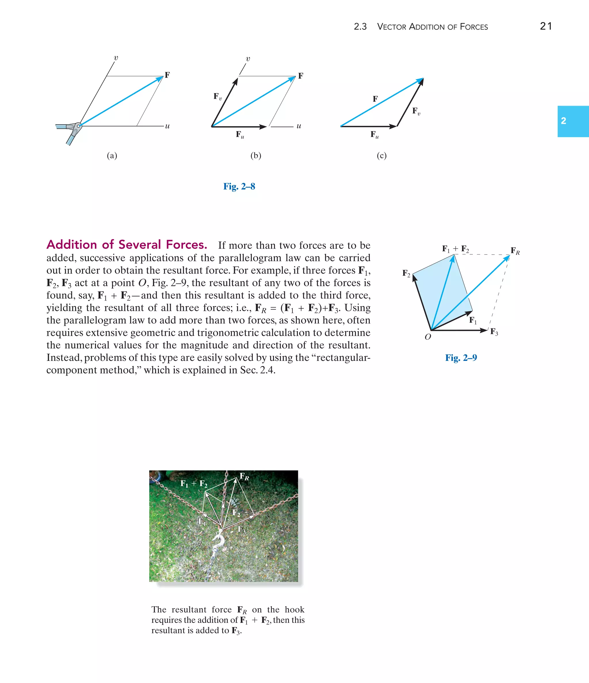 2.3 VECTOR ADDITION OF FORCES 21
2
F
u
(b)
F
Fu
Fu
(c)
F
u
(a)
v v
Fv
Fv
Fig. 2–8
Addition of Several Forces. If more than two forces are to be
added, successive applications of the parallelogram law can be carried
out in order to obtain the resultant force. For example, if three forces F1,
F2, F3 act at a point O, Fig. 2–9, the resultant of any two of the forces is
found, say, F1 + F2—and then this resultant is added to the third force,
yielding the resultant of all three forces; i.e., FR = (F1 + F2)+F3. Using
the parallelogram law to add more than two forces, as shown here, often
requires extensive geometric and trigonometric calculation to determine
the numerical values for the magnitude and direction of the resultant.
Instead, problems of this type are easily solved by using the “rectangular-
component method,” which is explained in Sec. 2.4.
F1
FR
F1  F2
F3
3
F1
F3
F2
F1
F2
F1  F2 FR
F3
O
Fig. 2–9
The resultant force on the hook
requires the addition of ,then this
resultant is added to .
F3
F1 + F2
FR
 