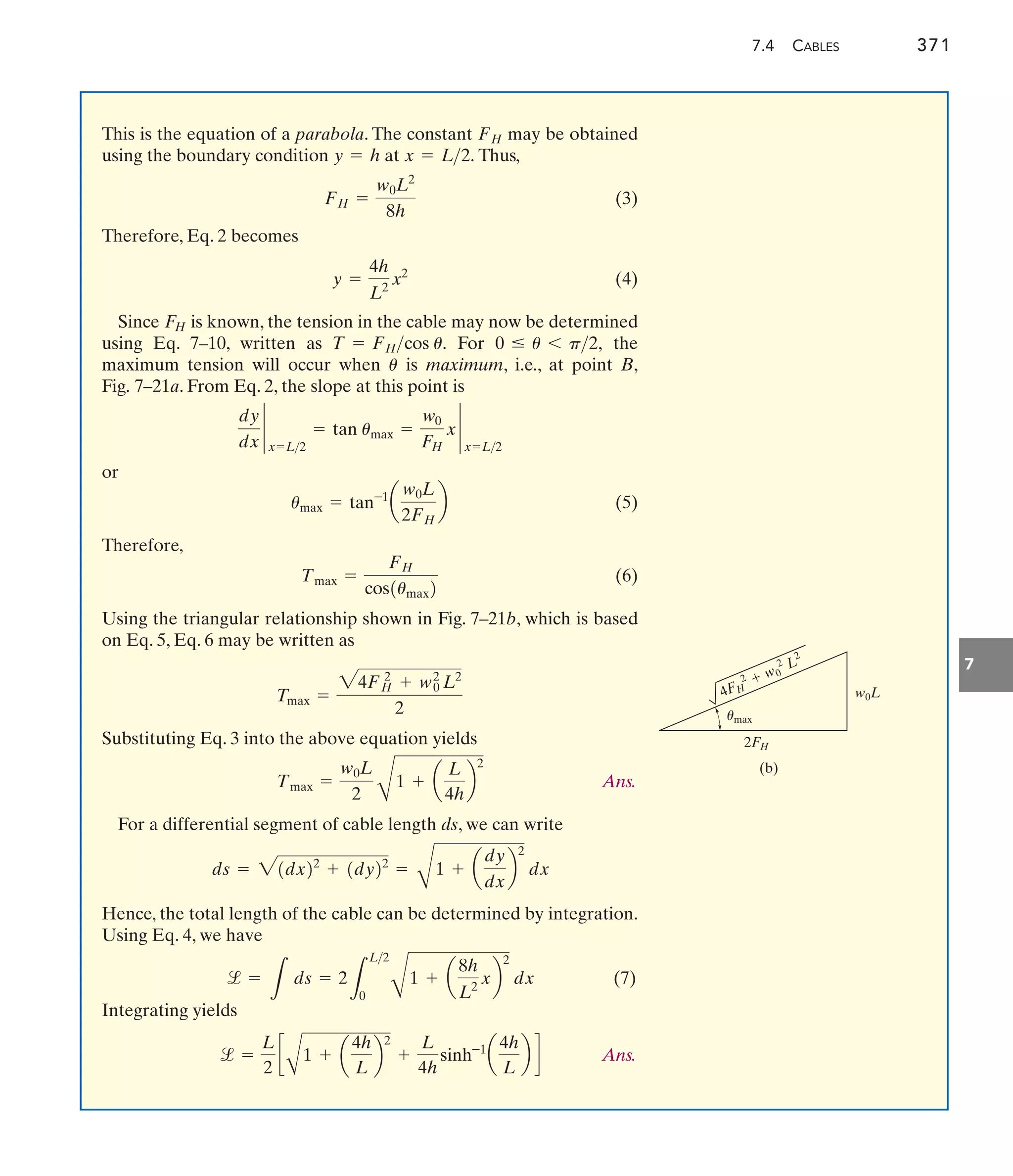7.4 CABLES 371
7
This is the equation of a parabola. The constant may be obtained
using the boundary condition at Thus,
(3)
Therefore, Eq. 2 becomes
(4)
Since is known, the tension in the cable may now be determined
using Eq. 7–10, written as For the
maximum tension will occur when is maximum, i.e., at point B,
Fig. 7–21a. From Eq. 2, the slope at this point is
or
(5)
Therefore,
(6)
Using the triangular relationship shown in Fig. 7–21b, which is based
on Eq. 5, Eq. 6 may be written as
Substituting Eq. 3 into the above equation yields
Ans.
For a differential segment of cable length ds, we can write
Hence, the total length of the cable can be determined by integration.
Using Eq. 4, we have
(7)
Integrating yields
Ans.
l =
L
2
c
A
1 + a
4h
L
b
2
+
L
4h
sinh-1
a
4h
L
b d
l =
L
ds = 2
L
L2
0 B
1 + a
8h
L2
xb
2
dx
ds = 21dx22
+ 1dy22
=
B
1 + a
dy
dx
b
2
dx
Tmax =
w0L
2 B
1 + a
L
4h
b
2
Tmax =
24FH
2
+ w0
2
L2
2
Tmax =
FH
cos1umax2
umax = tan-1
a
w0L
2FH
b
dy
dx
`
x=L2
= tan umax =
w0
FH
x `
x=L2
u
0 … u 6 p2,
T = FHcos u.
FH
y =
4h
L2
x2
FH =
w0L2
8h
x = L2.
y = h
FH
w0L
2FH
4FH
2 	 w0
2 L
2
(b)
umax
 
