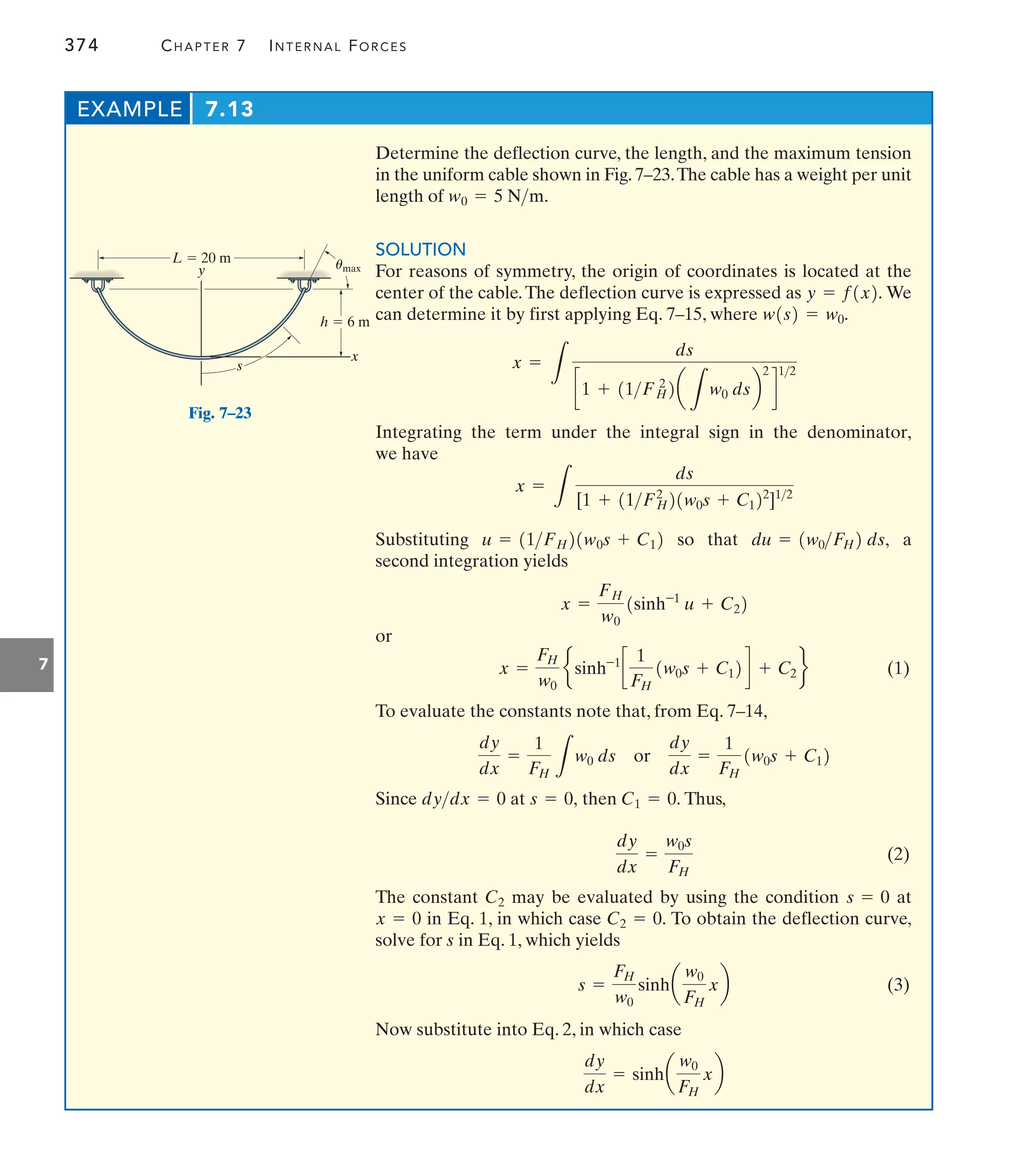 374 CHAPTER 7 INTERNAL FORCES
7
Determine the deflection curve, the length, and the maximum tension
in the uniform cable shown in Fig. 7–23.The cable has a weight per unit
length of
SOLUTION
For reasons of symmetry, the origin of coordinates is located at the
center of the cable.The deflection curve is expressed as We
can determine it by first applying Eq. 7–15, where
Integrating the term under the integral sign in the denominator,
we have
Substituting so that a
second integration yields
or
(1)
To evaluate the constants note that, from Eq. 7–14,
Since at then Thus,
(2)
The constant may be evaluated by using the condition at
in Eq. 1, in which case To obtain the deflection curve,
solve for s in Eq. 1, which yields
(3)
Now substitute into Eq. 2, in which case
dy
dx
= sinha
w0
FH
xb
s =
FH
w0
sinha
w0
FH
xb
C2 = 0.
x = 0
s = 0
C2
dy
dx
=
w0s
FH
C1 = 0.
s = 0,
dydx = 0
dy
dx
=
1
FH L
w0 ds or
dy
dx
=
1
FH
1w0s + C12
x =
FH
w0
esinh-1
c
1
FH
1w0s + C12d + C2 f
x =
FH
w0
1sinh-1
u + C22
du = 1w0FH2 ds,
u = 11FH21w0s + C12
x =
L
ds
[1 + 11FH
2
21w0s + C122
]12
x =
L
ds
c1 + 11FH
2
2a
L
w0 dsb
2
d
12
w1s2 = w0.
y = f1x2.
w0 = 5 Nm.
EXAMPLE 7.13
y
x
s
L  20 m
h  6 m
umax
Fig. 7–23
 