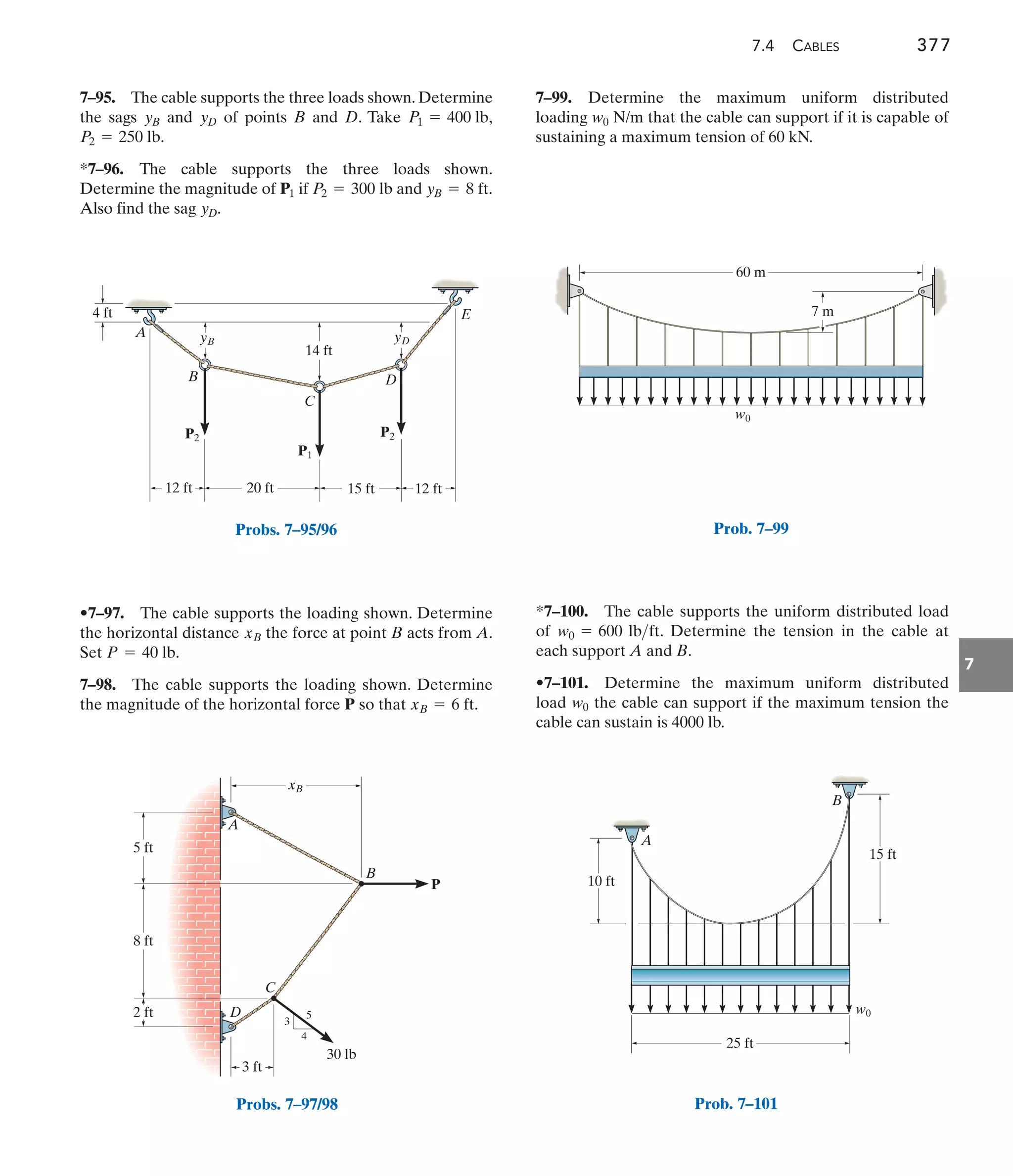 7.4 CABLES 377
7
4 ft
12 ft 20 ft 15 ft 12 ft
A
E
B
C
D
yB yD
14 ft
P2 P2
P1
Probs. 7–95/96
5 ft
2 ft
3 ft
30 lb
D
C
B
A
xB
5
4
3
8 ft
P
Probs. 7–97/98
60 m
7 m
w0
Prob. 7–99
7–95. The cable supports the three loads shown. Determine
the sags and of points B and D. Take
*7–96. The cable supports the three loads shown.
Determine the magnitude of if and
Also find the sag yD.
yB = 8 ft.
P2 = 300 lb
P1
P2 = 250 lb.
P1 = 400 lb,
yD
yB
•7–97. The cable supports the loading shown. Determine
the horizontal distance the force at point B acts from A.
Set
7–98. The cable supports the loading shown. Determine
the magnitude of the horizontal force P so that xB = 6 ft.
P = 40 lb.
xB
7–99. Determine the maximum uniform distributed
loading N/m that the cable can support if it is capable of
sustaining a maximum tension of 60 kN.
w0
*7–100. The cable supports the uniform distributed load
of . Determine the tension in the cable at
each support A and B.
•7–101. Determine the maximum uniform distributed
load the cable can support if the maximum tension the
cable can sustain is 4000 lb.
w0
w0 = 600 lbft
A
w0
B
25 ft
10 ft
15 ft
Prob. 7–101
 