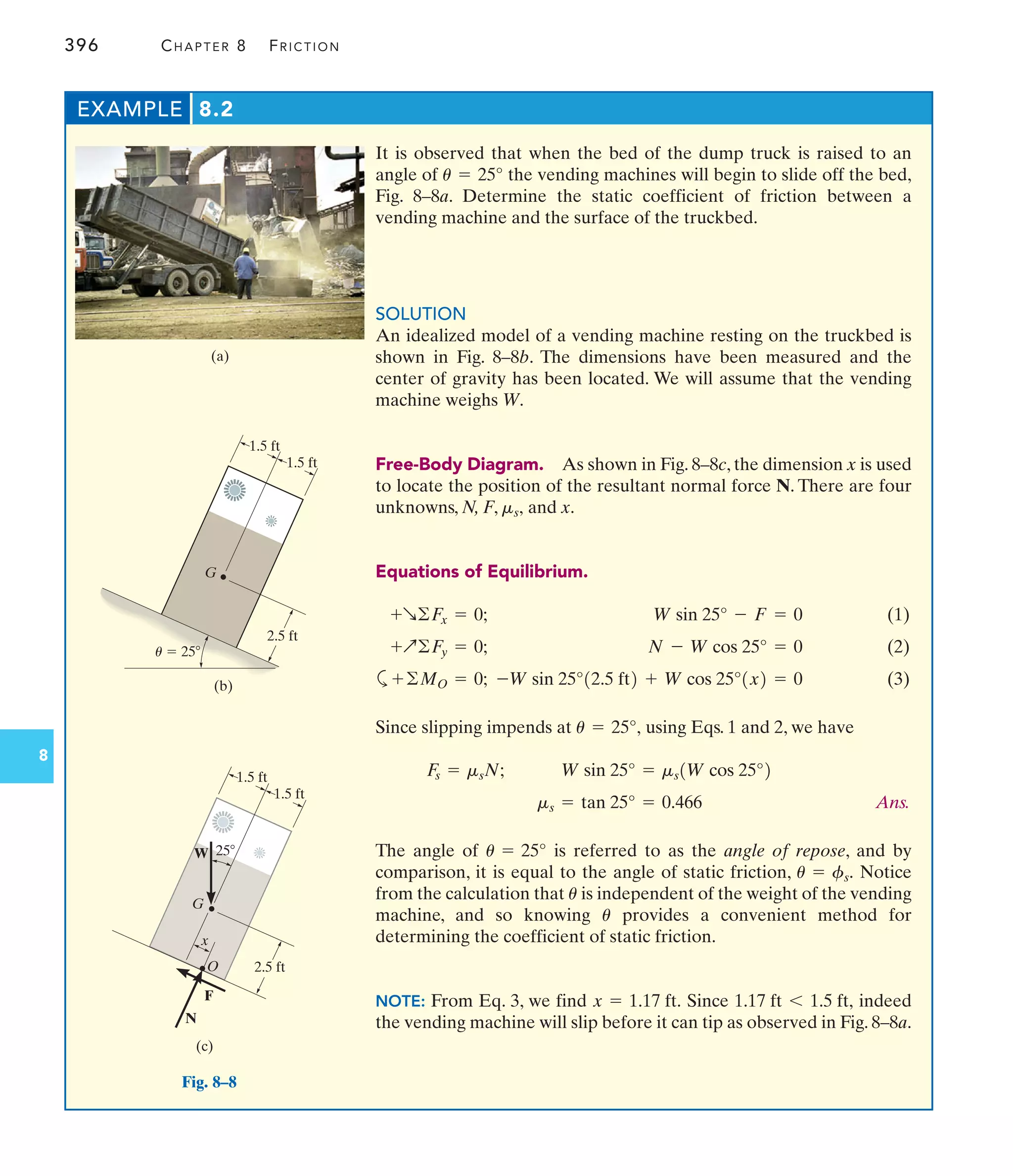 396 CHAPTER 8 FRICTION
8
It is observed that when the bed of the dump truck is raised to an
angle of the vending machines will begin to slide off the bed,
Fig. 8–8a. Determine the static coefficient of friction between a
vending machine and the surface of the truckbed.
SOLUTION
An idealized model of a vending machine resting on the truckbed is
shown in Fig. 8–8b. The dimensions have been measured and the
center of gravity has been located. We will assume that the vending
machine weighs W.
Free-Body Diagram. As shown in Fig. 8–8c, the dimension x is used
to locate the position of the resultant normal force N. There are four
unknowns, N, F, and x.
Equations of Equilibrium.
(1)
(2)
a (3)
Since slipping impends at using Eqs. 1 and 2, we have
Ans.
The angle of is referred to as the angle of repose, and by
comparison, it is equal to the angle of static friction, Notice
from the calculation that is independent of the weight of the vending
machine, and so knowing provides a convenient method for
determining the coefficient of static friction.
NOTE: From Eq. 3, we find Since indeed
the vending machine will slip before it can tip as observed in Fig. 8–8a.
1.17 ft 6 1.5 ft,
x = 1.17 ft.
u
u
u = fs.
u = 25°
ms = tan 25° = 0.466
W sin 25° = ms1W cos 25°2
F
s = msN;
u = 25°,
-W sin 25°12.5 ft2 + W cos 25°1x2 = 0
+©MO = 0;
N - W cos 25° = 0
+Q©F
y = 0;
W sin 25° - F = 0
+R©F
x = 0;
ms,
u = 25°
EXAMPLE 8.2
(a)
u  25
2.5 ft
G
1.5 ft
1.5 ft
(b)
(c)
2.5 ft
G
O
x
1.5 ft
1.5 ft
W 25
N
F
Fig. 8–8
 