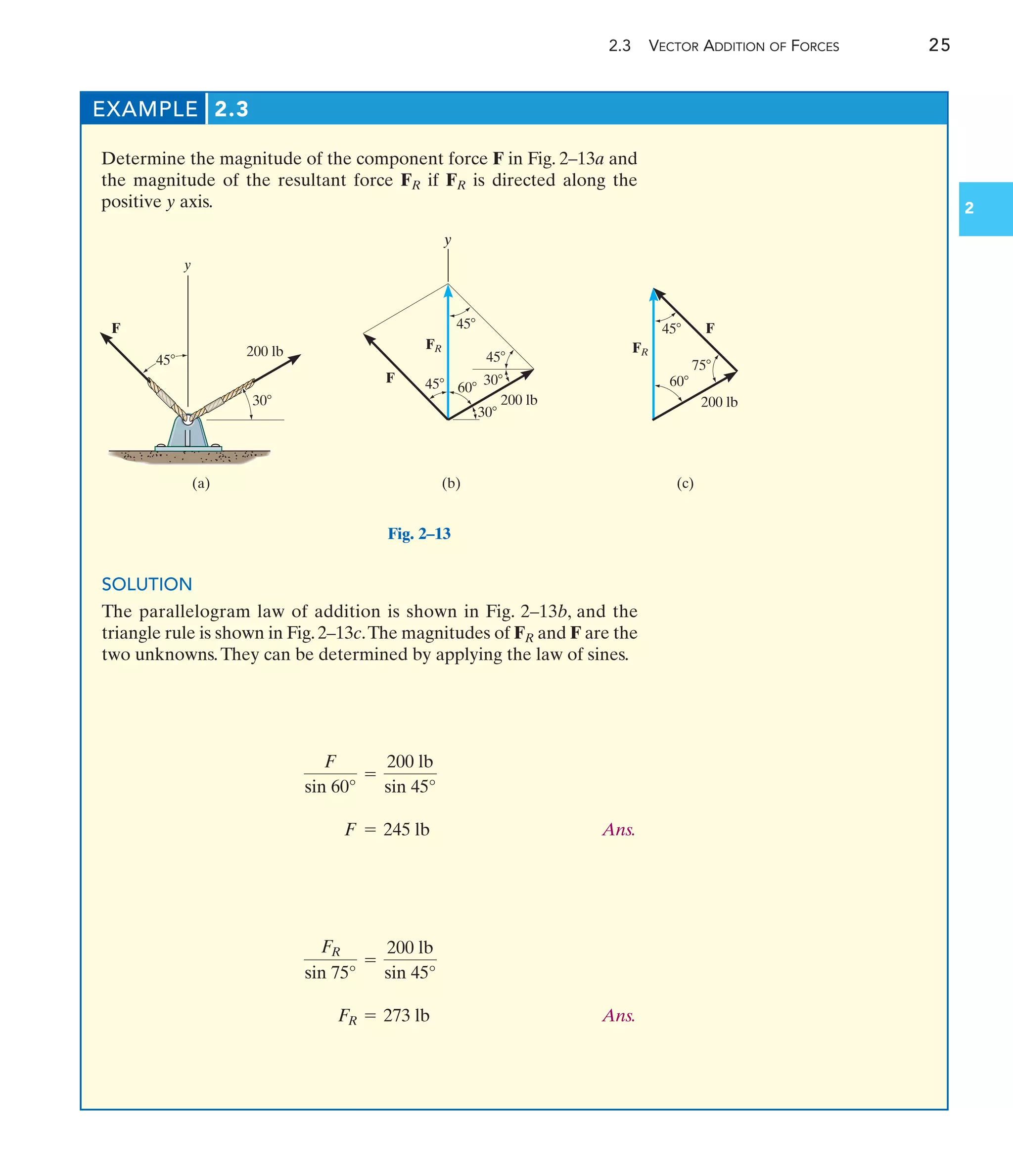 Determine the magnitude of the component force F in Fig. 2–13a and
the magnitude of the resultant force FR if FR is directed along the
positive y axis.
EXAMPLE 2.3
2.3 VECTOR ADDITION OF FORCES 25
SOLUTION
The parallelogram law of addition is shown in Fig. 2–13b, and the
triangle rule is shown in Fig. 2–13c.The magnitudes of FR and F are the
two unknowns.They can be determined by applying the law of sines.
Ans.
Ans.
FR = 273 lb
FR
sin 75°
=
200 lb
sin 45°
F = 245 lb
F
sin 60°
=
200 lb
sin 45°
y
45
45 45
45
200 lb
30
30
30
(a)
F
y
45
200 lb
(b)
F
FR
75
60
60
200 lb
(c)
F
FR
Fig. 2–13
2
 