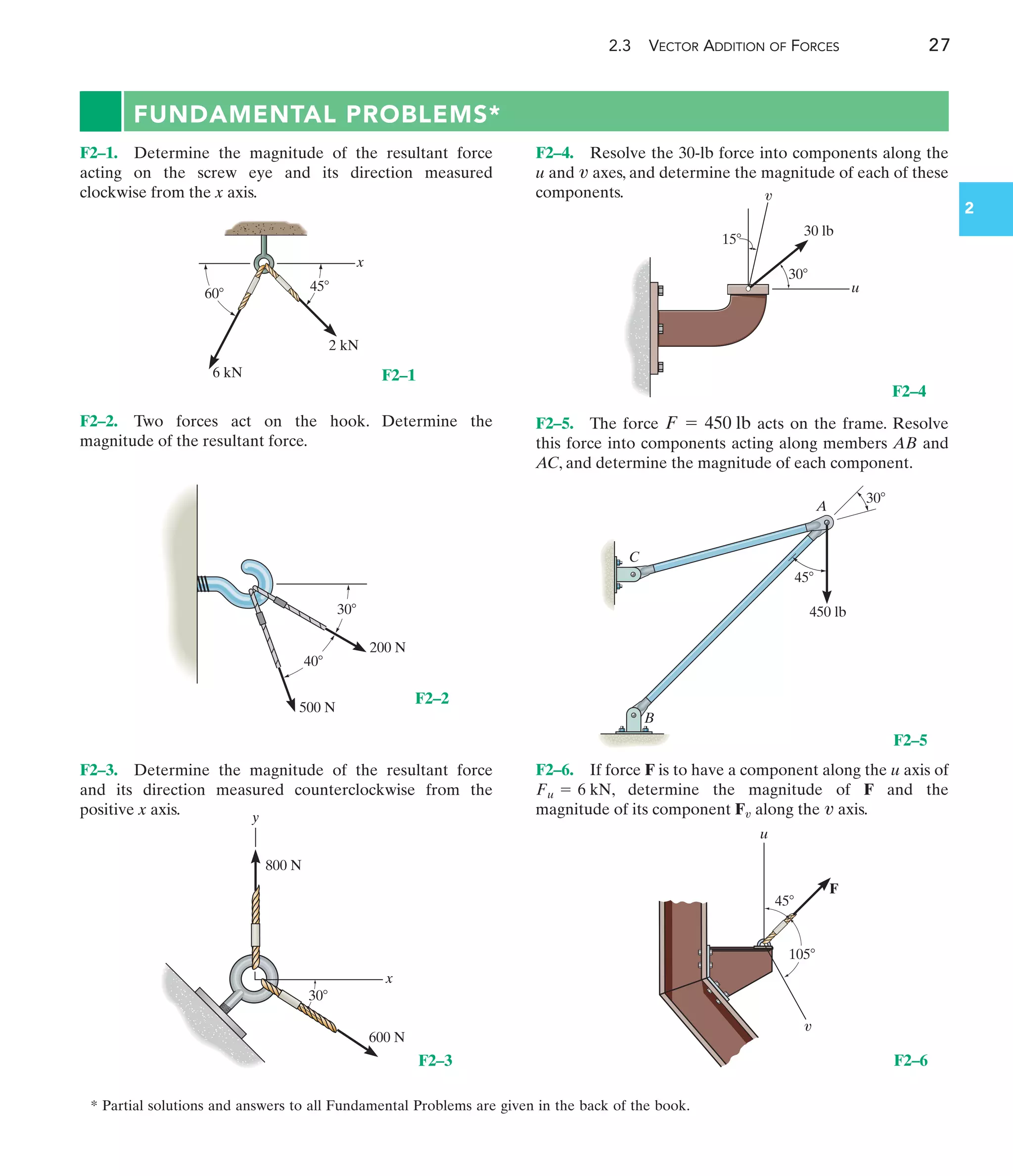 30
40
500 N
200 N
F2–2
FUNDAMENTAL PROBLEMS*
2.3 VECTOR ADDITION OF FORCES 27
x
2 kN
6 kN
45
60
F2–1
y
x
800 N
600 N
30
F2–3
F2–3. Determine the magnitude of the resultant force
and its direction measured counterclockwise from the
positive x axis.
F2–6. If force F is to have a component along the u axis of
, determine the magnitude of F and the
magnitude of its component F along the axis.
v
v
Fu = 6 kN
30 lb
u
v
30
15
F2–4
A
C
B
450 lb
45
30
F2–5
u
v
F
45
105
F2–6
F2–1. Determine the magnitude of the resultant force
acting on the screw eye and its direction measured
clockwise from the x axis.
F2–4. Resolve the 30-lb force into components along the
u and axes, and determine the magnitude of each of these
components.
v
F2–2. Two forces act on the hook. Determine the
magnitude of the resultant force.
F2–5. The force acts on the frame. Resolve
this force into components acting along members AB and
AC, and determine the magnitude of each component.
F = 450 lb
2
* Partial solutions and answers to all Fundamental Problems are given in the back of the book.
 