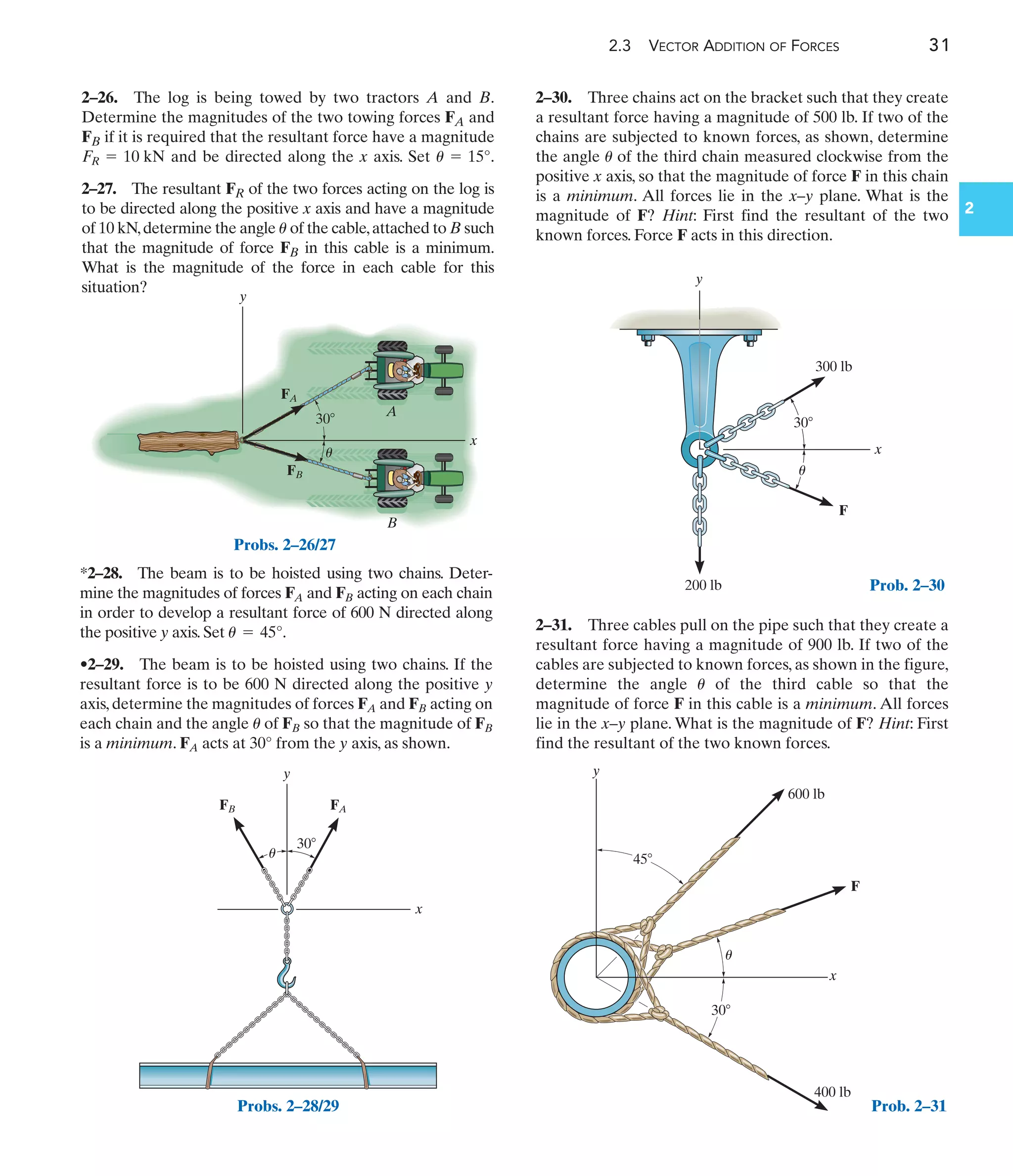 2.3 VECTOR ADDITION OF FORCES 31
2
x
y
B
A
30
FA
FB
u
Probs. 2–26/27
FB FA
y
x
30
u
Probs. 2–28/29
45
30
y
x
400 lb
600 lb
F
u
Prob. 2–31
300 lb
200 lb
x
y
F
30
u
Prob. 2–30
2–26. The log is being towed by two tractors A and B.
Determine the magnitudes of the two towing forces FA and
FB if it is required that the resultant force have a magnitude
and be directed along the x axis. Set .
2–27. The resultant FR of the two forces acting on the log is
to be directed along the positive x axis and have a magnitude
of 10 kN,determine the angle of the cable,attached to B such
that the magnitude of force FB in this cable is a minimum.
What is the magnitude of the force in each cable for this
situation?
u
u = 15°
FR = 10 kN
*2–28. The beam is to be hoisted using two chains. Deter-
mine the magnitudes of forces FA and FB acting on each chain
in order to develop a resultant force of 600 N directed along
the positive y axis. Set .
•2–29. The beam is to be hoisted using two chains. If the
resultant force is to be 600 N directed along the positive y
axis, determine the magnitudes of forces FA and FB acting on
each chain and the angle of FB so that the magnitude of FB
is a minimum. FA acts at 30° from the y axis, as shown.
u
u = 45° 2–31. Three cables pull on the pipe such that they create a
resultant force having a magnitude of 900 lb. If two of the
cables are subjected to known forces, as shown in the figure,
determine the angle of the third cable so that the
magnitude of force F in this cable is a minimum. All forces
lie in the x–y plane. What is the magnitude of F? Hint: First
find the resultant of the two known forces.
u
2–30. Three chains act on the bracket such that they create
a resultant force having a magnitude of 500 lb. If two of the
chains are subjected to known forces, as shown, determine
the angle of the third chain measured clockwise from the
positive x axis, so that the magnitude of force F in this chain
is a minimum. All forces lie in the x–y plane. What is the
magnitude of F? Hint: First find the resultant of the two
known forces. Force F acts in this direction.
u
 