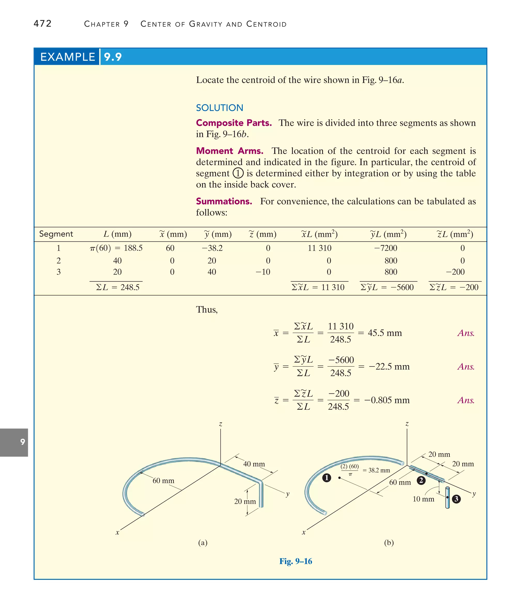 472 CHAPTER 9 CENTER OF GRAVITY AND CENTROID
9
Locate the centroid of the wire shown in Fig. 9–16a.
SOLUTION
Composite Parts. The wire is divided into three segments as shown
in Fig. 9–16b.
Moment Arms. The location of the centroid for each segment is
determined and indicated in the figure. In particular, the centroid of
segment is determined either by integration or by using the table
on the inside back cover.
Summations. For convenience, the calculations can be tabulated as
follows:
~
1
EXAMPLE 9.9
Segment L (mm) x
'
(mm) y
'
(mm) z
'
(mm) x
'
L (mm2
) y
'
L (mm2
) z
'
L (mm2
)
1 p1602 = 188.5 60 -38.2 0 11 310 -7200 0
2 40 0 20 0 0 800 0
3 20 0 40 -10 0 800 -200
©L = 248.5 ©x
'
L = 11 310 ©y
'
L = -5600 ©z
'
L = -200
Thus,
Ans.
Ans.
Ans.
z =
©z
'
L
©L
=
-200
248.5
= -0.805 mm
y =
©y
'
L
©L
=
-5600
248.5
= -22.5 mm
x =
©x
'
L
©L
=
11 310
248.5
= 45.5 mm
40 mm
20 mm
(a)
y
z
x
60 mm
Fig. 9–16
(b)
 38.2 mm
20 mm
10 mm
60 mm
20 mm
(2) (60)
———
p
y
x
2
3
1
z
 