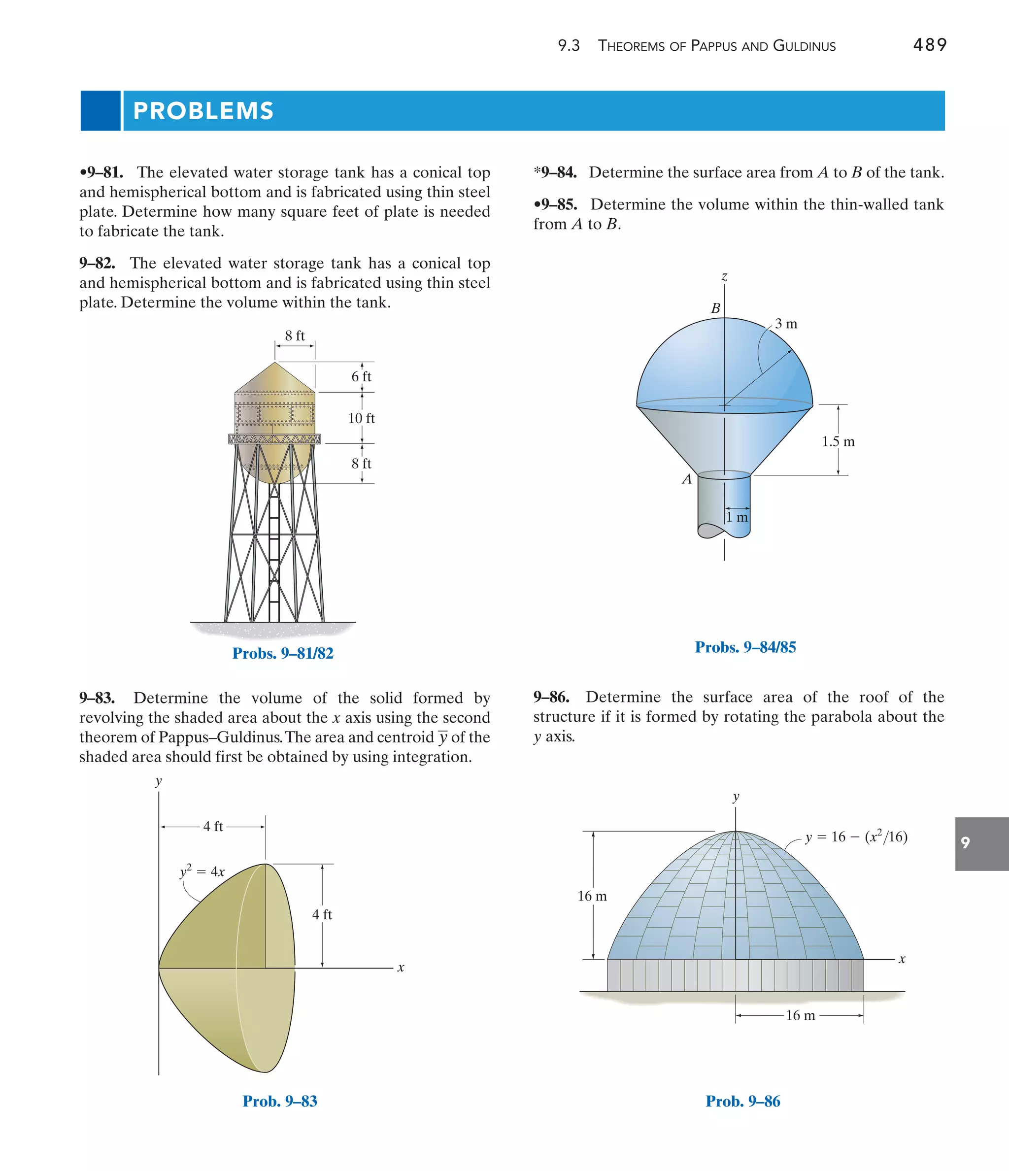 9.3 THEOREMS OF PAPPUS AND GULDINUS 489
9
6 ft
8 ft
8 ft
10 ft
Probs. 9–81/82
x
y
4 ft
4 ft
y2
 4x
Prob. 9–83
A
1 m
z
B
1.5 m
3 m
Probs. 9–84/85
16 m
y
x
16 m
y  16  (x2
/16)
Prob. 9–86
PROBLEMS
*9–84. Determine the surface area from A to B of the tank.
•9–85. Determine the volume within the thin-walled tank
from A to B.
9–83. Determine the volume of the solid formed by
revolving the shaded area about the x axis using the second
theorem of Pappus–Guldinus.The area and centroid of the
shaded area should first be obtained by using integration.
y
•9–81. The elevated water storage tank has a conical top
and hemispherical bottom and is fabricated using thin steel
plate. Determine how many square feet of plate is needed
to fabricate the tank.
9–82. The elevated water storage tank has a conical top
and hemispherical bottom and is fabricated using thin steel
plate. Determine the volume within the tank.
9–86. Determine the surface area of the roof of the
structure if it is formed by rotating the parabola about the
y axis.
 