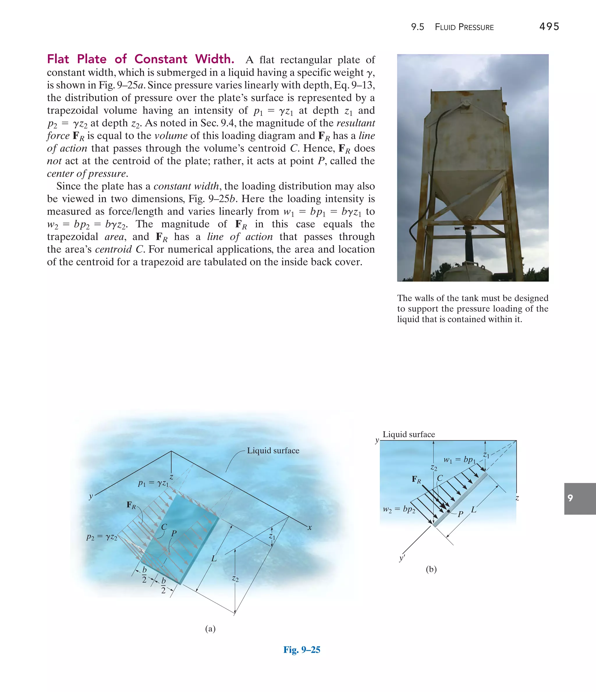 9.5 FLUID PRESSURE 495
9
Flat Plate of Constant Width. A flat rectangular plate of
constant width, which is submerged in a liquid having a specific weight
is shown in Fig. 9–25a. Since pressure varies linearly with depth, Eq. 9–13,
the distribution of pressure over the plate’s surface is represented by a
trapezoidal volume having an intensity of at depth and
at depth As noted in Sec. 9.4, the magnitude of the resultant
force is equal to the volume of this loading diagram and has a line
of action that passes through the volume’s centroid C. Hence, does
not act at the centroid of the plate; rather, it acts at point P, called the
center of pressure.
Since the plate has a constant width, the loading distribution may also
be viewed in two dimensions, Fig. 9–25b. Here the loading intensity is
measured as force/length and varies linearly from to
The magnitude of in this case equals the
trapezoidal area, and has a line of action that passes through
the area’s centroid C. For numerical applications, the area and location
of the centroid for a trapezoid are tabulated on the inside back cover.
FR
FR
w2 = bp2 = bgz2.
w1 = bp1 = bgz1
FR
FR
FR
z2.
p2 = gz2
z1
p1 = gz1
g,
x
Liquid surface
z2
z1
C
P
p2  gz2
p1  gz1
(a)
y
FR
z
L
b
2 b
2
Fig. 9–25
Liquid surface
y
w2  bp2
z
P
L
(b)
FR C
y¿
w1  bp1
z2
z1
The walls of the tank must be designed
to support the pressure loading of the
liquid that is contained within it.
 