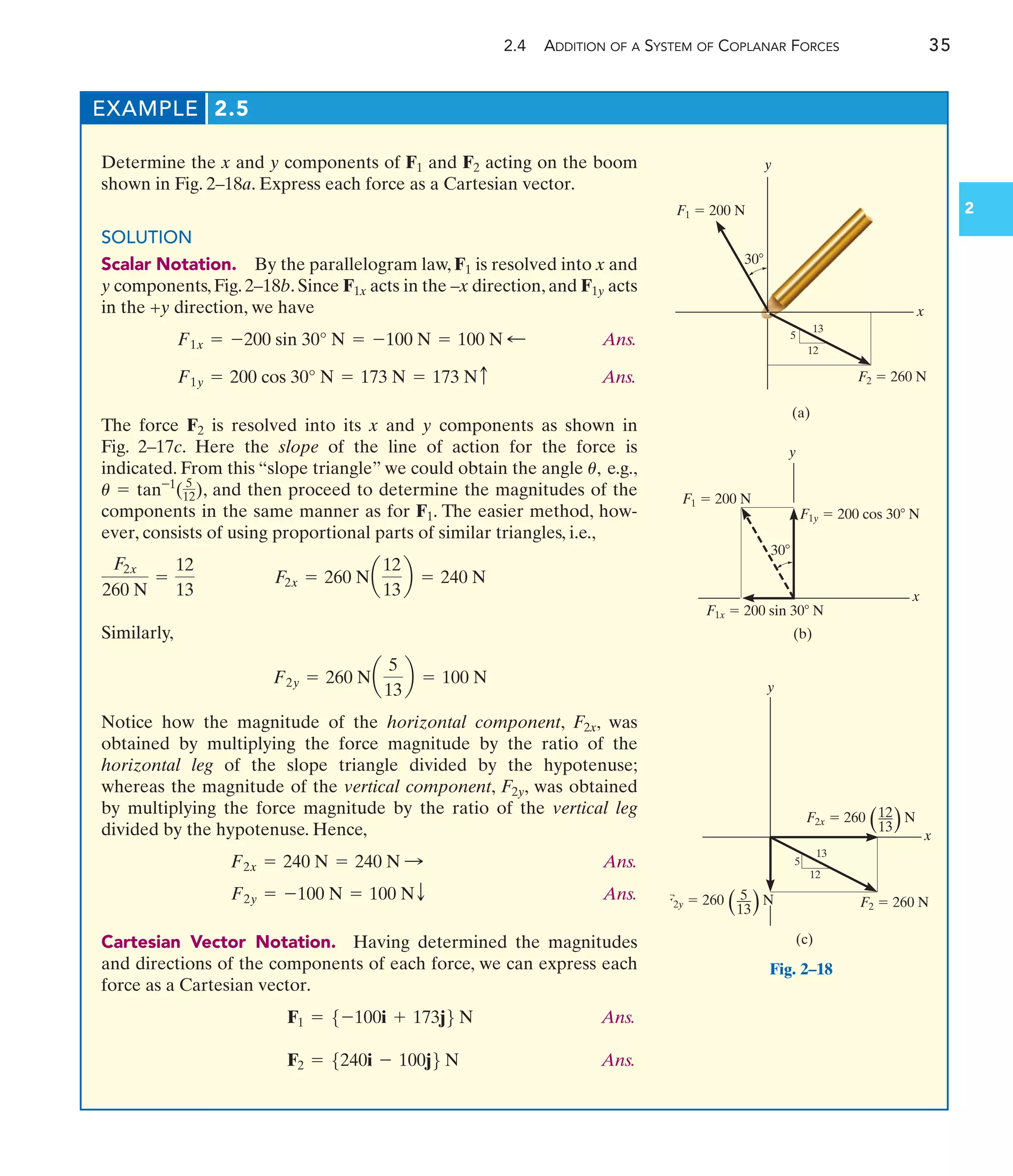 2.4 ADDITION OF A SYSTEM OF COPLANAR FORCES 35
2
EXAMPLE 2.5
Determine the x and y components of F1 and F2 acting on the boom
shown in Fig. 2–18a. Express each force as a Cartesian vector.
SOLUTION
Scalar Notation. By the parallelogram law, F1 is resolved into x and
y components, Fig. 2–18b. Since F1x acts in the –x direction, and F1y acts
in the +y direction, we have
Ans.
Ans.
The force F2 is resolved into its x and y components as shown in
Fig. 2–17c. Here the slope of the line of action for the force is
indicated. From this “slope triangle” we could obtain the angle , e.g.,
, and then proceed to determine the magnitudes of the
components in the same manner as for F1. The easier method, how-
ever, consists of using proportional parts of similar triangles, i.e.,
Similarly,
Notice how the magnitude of the horizontal component, F2x, was
obtained by multiplying the force magnitude by the ratio of the
horizontal leg of the slope triangle divided by the hypotenuse;
whereas the magnitude of the vertical component, F2y, was obtained
by multiplying the force magnitude by the ratio of the vertical leg
divided by the hypotenuse. Hence,
Ans.
Ans.
Cartesian Vector Notation. Having determined the magnitudes
and directions of the components of each force, we can express each
force as a Cartesian vector.
Ans.
Ans.
F2 = 5240i - 100j6 N
F1 = 5-100i + 173j6 N
F2y = -100 N = 100 NT
F2x = 240 N = 240 N :
F2y = 260 Na
5
13
b = 100 N
F2x = 260 Na
12
13
b = 240 N
F2x
260 N
=
12
13
u = tan-1
( 5
12)
u
F1y = 200 cos 30° N = 173 N = 173 Nc
F1x = -200 sin 30° N = -100 N = 100 N ;
y
x
F1  200 N
F2  260 N
30
(a)
5
12
13
y
x
F1  200 N
F1x  200 sin 30 N
30
F1y  200 cos 30 N
(b)
y
x
F2  260 N
(c)
5
12
13
F2x  260 12
—
13
( (N
F2y  260 5
—
13
( (N
Fig. 2–18
 