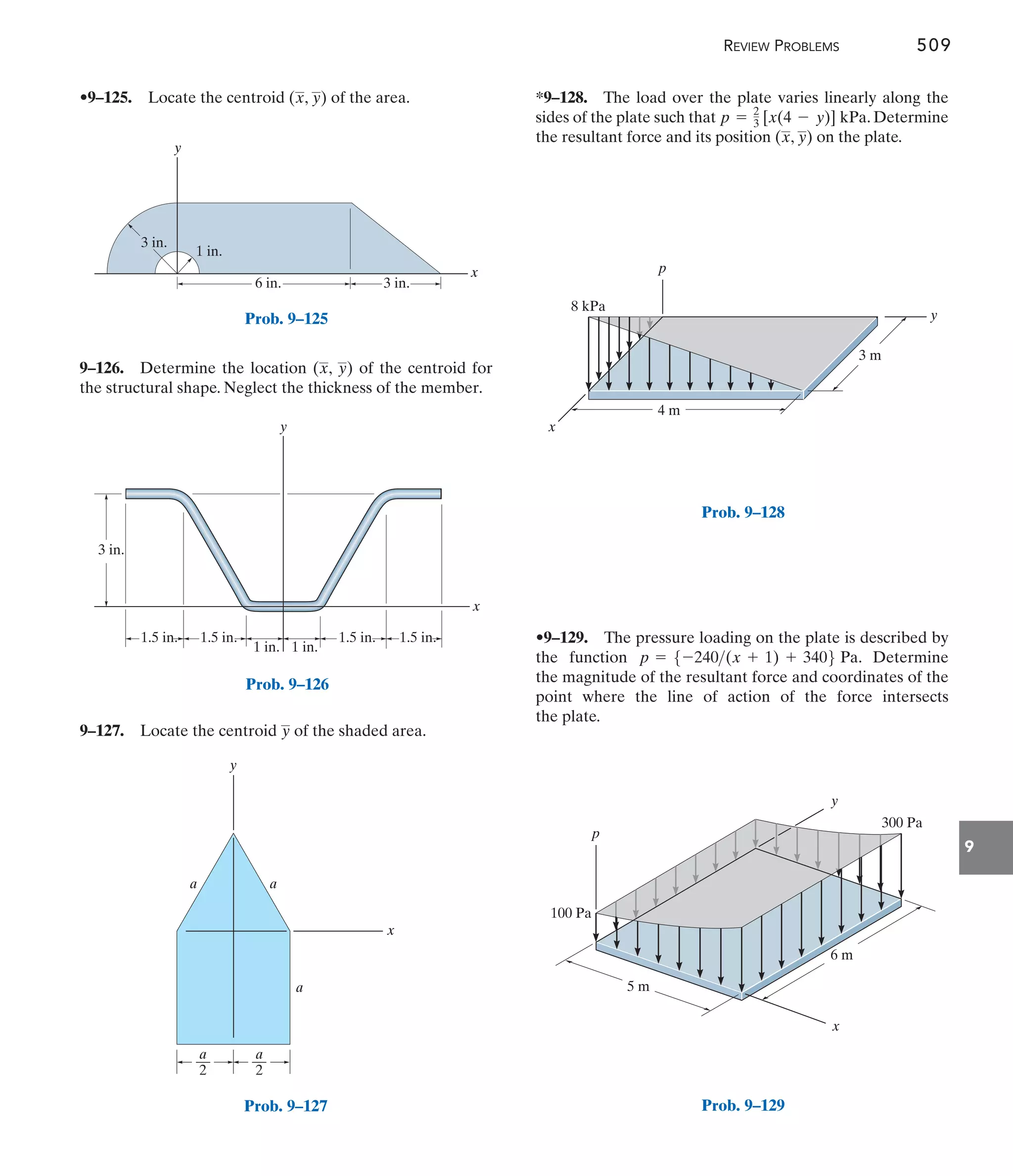 REVIEW PROBLEMS 509
9
9–127. Locate the centroid of the shaded area.
y
9–126. Determine the location ( , ) of the centroid for
the structural shape. Neglect the thickness of the member.
y
x
•9–125. Locate the centroid ( , ) of the area.
y
x *9–128. The load over the plate varies linearly along the
sides of the plate such that . Determine
the resultant force and its position ( , ) on the plate.
y
x
p = 2
3 [x(4 - y)] kPa
y
x
3 in.
1 in.
3 in.
6 in.
Prob. 9–125
1.5 in. 1.5 in. 1.5 in. 1.5 in.
1 in.
1 in.
3 in.
x
y
Prob. 9–126
x
y
a
—
2
a
—
2
a
a
a
Prob. 9–127
p
3 m
4 m
y
x
8 kPa
Prob. 9–128
p
x
y
6 m
5 m
100 Pa
300 Pa
Prob. 9–129
•9–129. The pressure loading on the plate is described by
the function . Determine
the magnitude of the resultant force and coordinates of the
point where the line of action of the force intersects
the plate.
p = 5-240(x + 1) + 3406 Pa
 