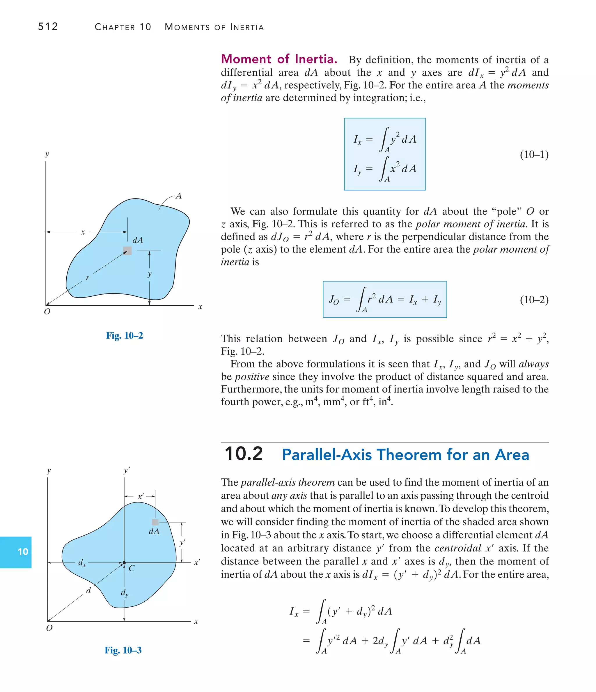 512 CHAPTER 10 MOMENTS OF INERTIA
10
Moment of Inertia. By definition, the moments of inertia of a
differential area dA about the x and y axes are and
respectively, Fig. 10–2. For the entire area A the moments
of inertia are determined by integration; i.e.,
(10–1)
We can also formulate this quantity for dA about the “pole” O or
z axis, Fig. 10–2. This is referred to as the polar moment of inertia. It is
defined as where r is the perpendicular distance from the
pole (z axis) to the element dA. For the entire area the polar moment of
inertia is
(10–2)
This relation between and is possible since
Fig. 10–2.
From the above formulations it is seen that and will always
be positive since they involve the product of distance squared and area.
Furthermore, the units for moment of inertia involve length raised to the
fourth power, e.g., or
10.2 Parallel-Axis Theorem for an Area
The parallel-axis theorem can be used to find the moment of inertia of an
area about any axis that is parallel to an axis passing through the centroid
and about which the moment of inertia is known.To develop this theorem,
we will consider finding the moment of inertia of the shaded area shown
in Fig. 10–3 about the x axis.To start, we choose a differential element dA
located at an arbitrary distance from the centroidal axis. If the
distance between the parallel x and axes is then the moment of
inertia of dA about the x axis is . For the entire area,
=
L
A
y¿2
dA + 2dy
L
A
y¿ dA + dy
2
L
A
dA
Ix =
L
A
1y¿ + dy22
dA
dIx = 1y¿ + dy22 dA
dy,
x¿
x¿
y¿
in4
.
ft4
,
mm4
,
m4
,
JO
Iy,
Ix,
r2
= x2
+ y2
,
Iy
Ix,
JO
JO =
L
A
r2
dA = Ix + Iy
dJO = r2
dA,
Ix =
L
A
y
2
dA
Iy =
L
A
x
2
dA
dIy = x2
dA,
dIx = y2
dA
O
x
y
y
x
r
dA
A
Fig. 10–2
O
x
y
d
dx
dy
x¿
y
x¿
y¿
dA
C
Fig. 10–3
 