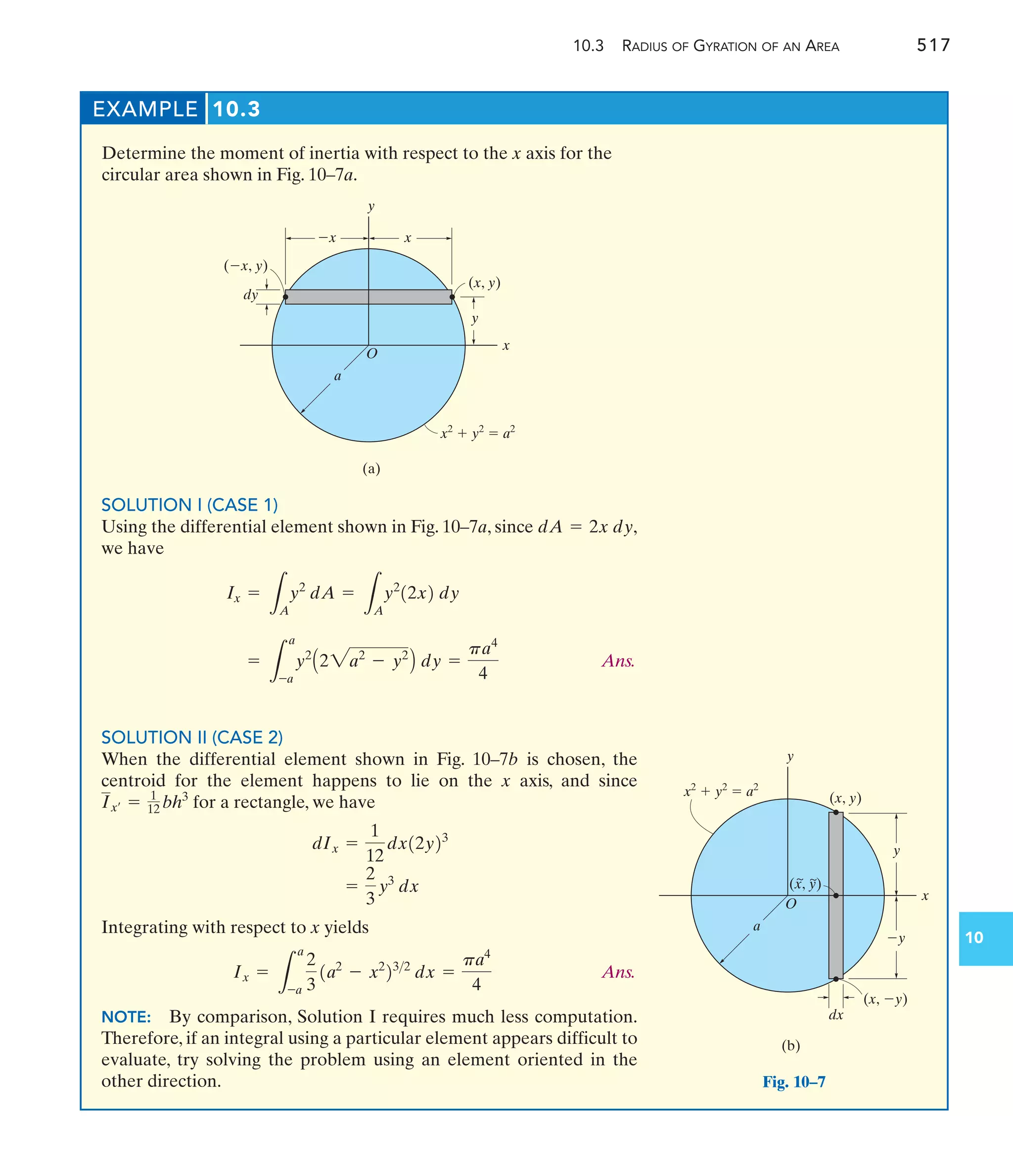 10.3 RADIUS OF GYRATION OF AN AREA 517
10
EXAMPLE 10.3
Determine the moment of inertia with respect to the x axis for the
circular area shown in Fig. 10–7a.
SOLUTION I (CASE 1)
Using the differential element shown in Fig. 10–7a, since
we have
Ans.
SOLUTION II (CASE 2)
When the differential element shown in Fig. 10–7b is chosen, the
centroid for the element happens to lie on the x axis, and since
for a rectangle, we have
Integrating with respect to x yields
Ans.
NOTE: By comparison, Solution I requires much less computation.
Therefore, if an integral using a particular element appears difficult to
evaluate, try solving the problem using an element oriented in the
other direction.
Ix =
L
a
-a
2
3
1a2
- x2
232
dx =
pa4
4
=
2
3
y3
dx
dIx =
1
12
dx12y23
Ix¿ = 1
12 bh3
=
L
a
-a
y2
A22a2
- y2
B dy =
pa4
4
Ix =
L
A
y2
dA =
L
A
y2
12x2 dy
dA = 2x dy,
x
y
y
x
x
dy
(x, y)
(x, y)
x2
 y2
 a2
(a)
O
a
O
x
y
a
(x, y)
(x, y)
dx
y
y
(b)
(x, y)
~ ~
x2
 y2
 a2
Fig. 10–7
 