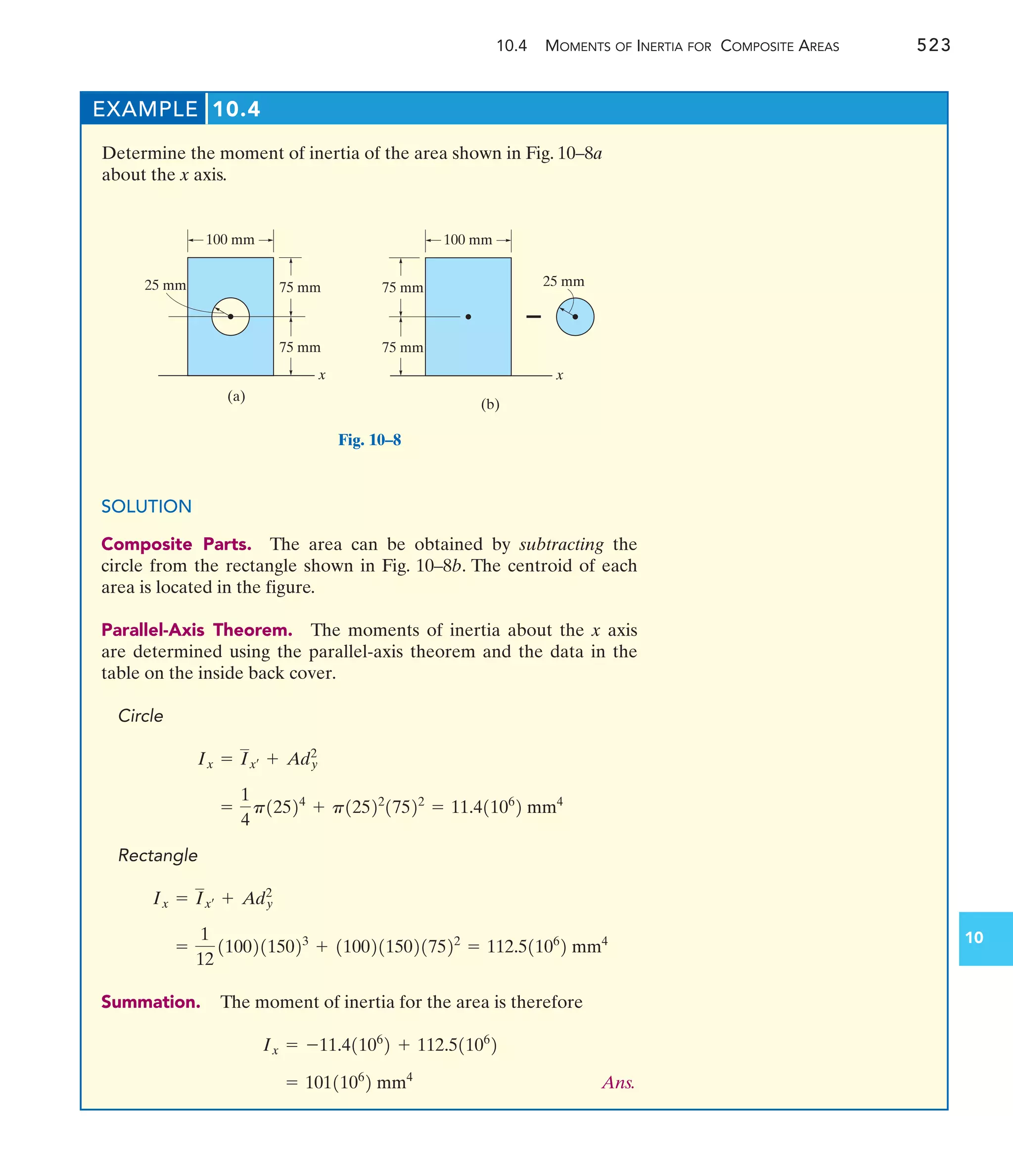 10.4 MOMENTS OF INERTIA FOR COMPOSITE AREAS 523
10
x
100 mm
75 mm
75 mm
25 mm
(a)
x
100 mm
75 mm
75 mm
25 mm
–
(b)
Fig. 10–8
EXAMPLE 10.4
Determine the moment of inertia of the area shown in Fig. 10–8a
about the x axis.
SOLUTION
Composite Parts. The area can be obtained by subtracting the
circle from the rectangle shown in Fig. 10–8b. The centroid of each
area is located in the figure.
Parallel-Axis Theorem. The moments of inertia about the x axis
are determined using the parallel-axis theorem and the data in the
table on the inside back cover.
Circle
Rectangle
Summation. The moment of inertia for the area is therefore
Ans.
= 1011106
2 mm4
Ix = -11.41106
2 + 112.51106
2
=
1
12
11002115023
+ 110021150217522
= 112.51106
2 mm4
Ix = Ixœ + Ady
2
=
1
4
p12524
+ p12522
17522
= 11.41106
2 mm4
Ix = Ixœ + Ady
2
 