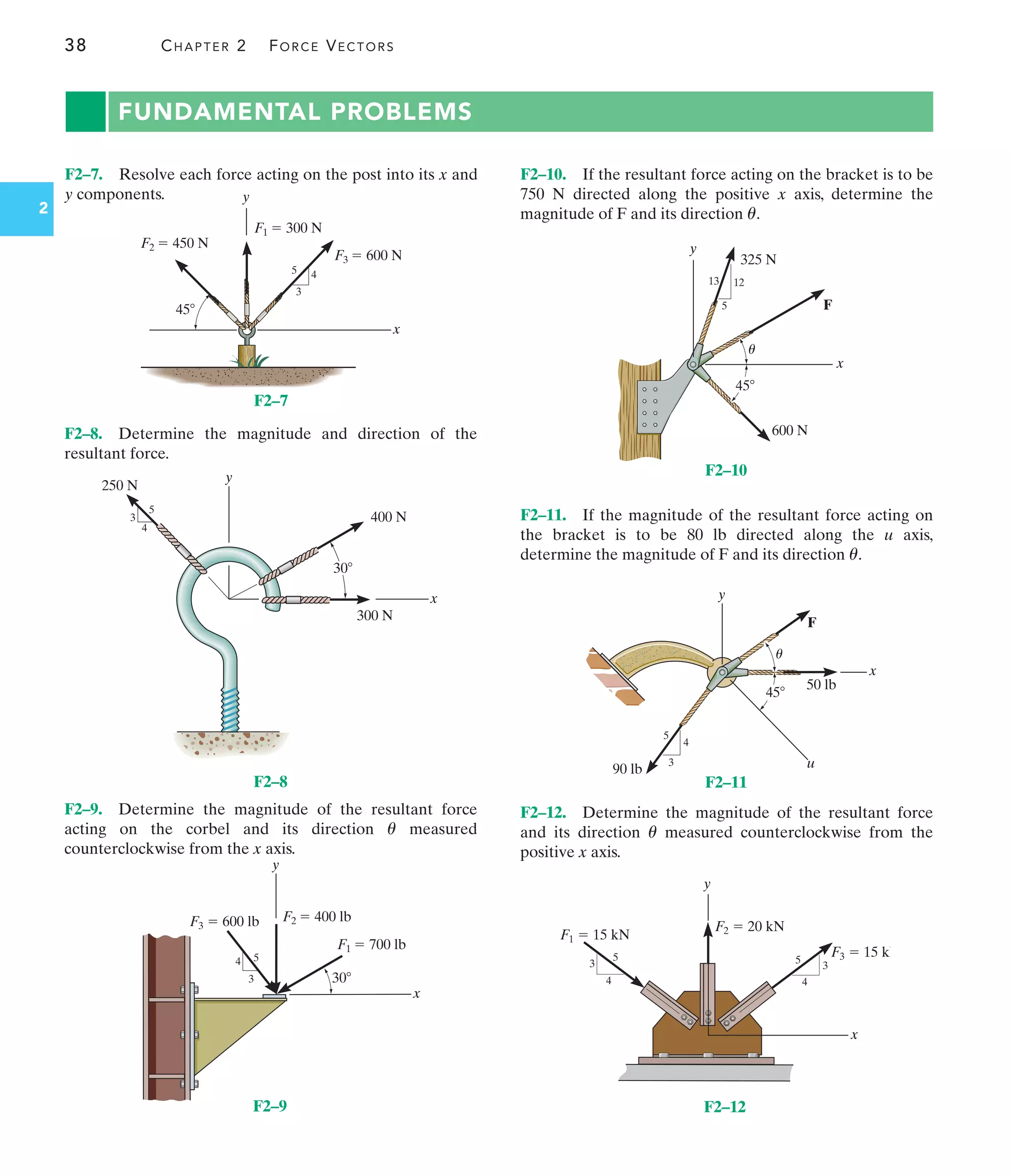 38 CHAPTER 2 FORCE VECTORS
2
FUNDAMENTAL PROBLEMS
F2–10. If the resultant force acting on the bracket is to be
750 N directed along the positive x axis, determine the
magnitude of F and its direction .
u
F2–11. If the magnitude of the resultant force acting on
the bracket is to be 80 lb directed along the u axis,
determine the magnitude of F and its direction .
u
3
4
5
y
x
F2  450 N
F1  300 N
F3  600 N
45
F2–7
F
600 N
325 N
12
5
13
y
x
u
45
F2–10
90 lb
50 lb
F
3
4
5
x
u
y
45
u
F2–11
F3  15 kN
F2  20 kN
F1  15 kN
y
x
4
4
3
3 5
5
F2–12
y
x
300 N
400 N
250 N
3
4
5
30
F2–8
3
4 5
F2  400 lb
F1  700 lb
y
x
F3  600 lb
30
F2–9
F2–7. Resolve each force acting on the post into its x and
y components.
F2–8. Determine the magnitude and direction of the
resultant force.
F2–9. Determine the magnitude of the resultant force
acting on the corbel and its direction measured
counterclockwise from the x axis.
u
F2–12. Determine the magnitude of the resultant force
and its direction measured counterclockwise from the
positive x axis.
u
 