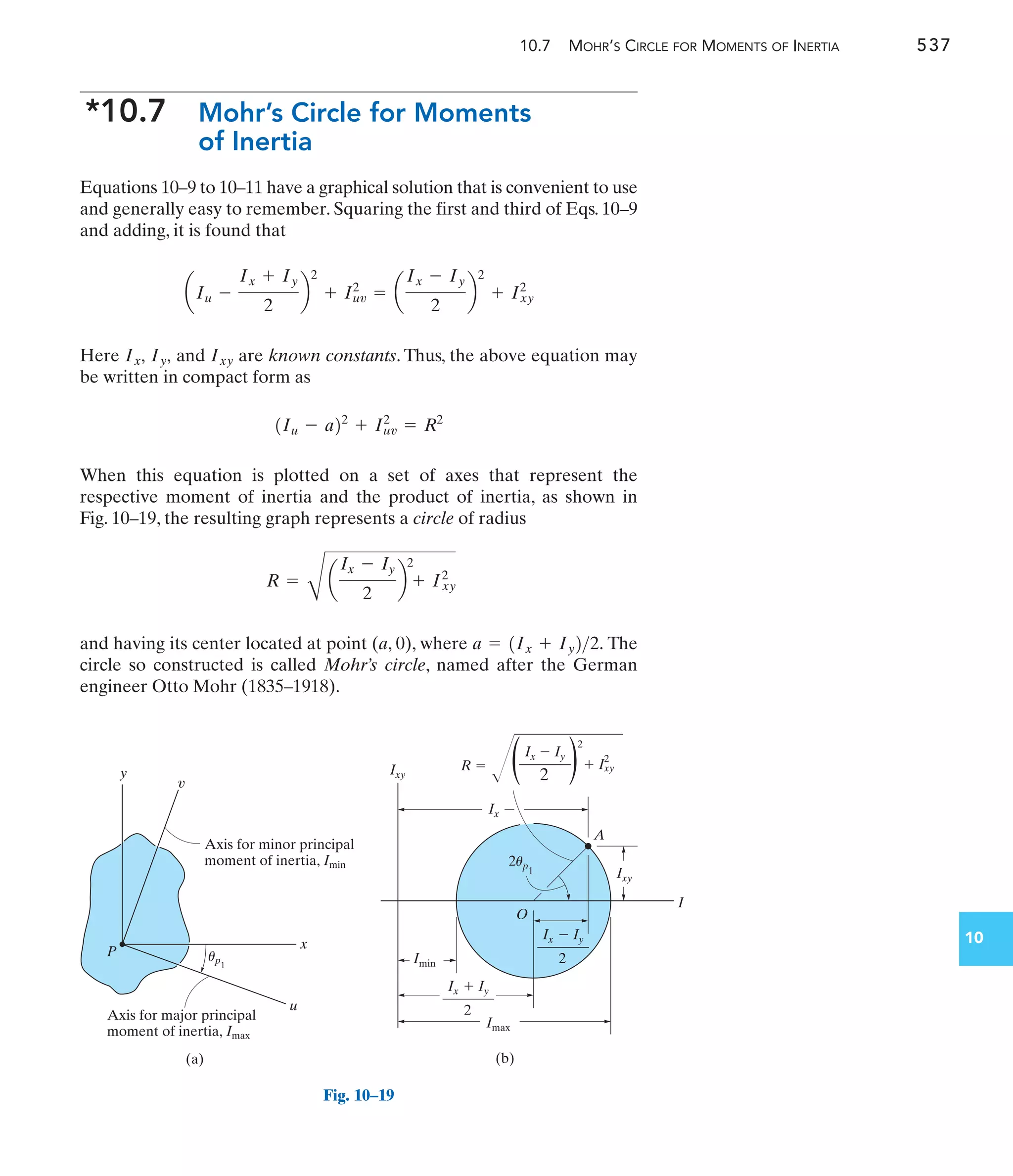 10.7 MOHR’S CIRCLE FOR MOMENTS OF INERTIA 537
10
*10.7 Mohr’s Circle for Moments
of Inertia
Equations 10–9 to 10–11 have a graphical solution that is convenient to use
and generally easy to remember. Squaring the first and third of Eqs. 10–9
and adding, it is found that
Here and are known constants. Thus, the above equation may
be written in compact form as
When this equation is plotted on a set of axes that represent the
respective moment of inertia and the product of inertia, as shown in
Fig. 10–19, the resulting graph represents a circle of radius
and having its center located at point (a, 0), where The
circle so constructed is called Mohr’s circle, named after the German
engineer Otto Mohr (1835–1918).
a = 1Ix + Iy22.
R =
C
a
Ix - Iy
2
b
2
+ Ixy
2
1Iu - a22
+ Iuv
2
= R2
Ixy
Iy,
Ix,
aIu -
Ix + Iy
2
b
2
+ Iuv
2
= a
Ix - Iy
2
b
2
+ Ixy
2
x
y
u
v
up1
Axis for minor principal
moment of inertia, Imin
Axis for major principal
moment of inertia, Imax
(a)
P
I
O
Imax
Imin
A
(b)
2up
1 Ixy
Ixy
Ix
R 
Ix  Iy
2
2
 I2
xy
Ix  Iy
2
Ix  Iy
2
Fig. 10–19
 