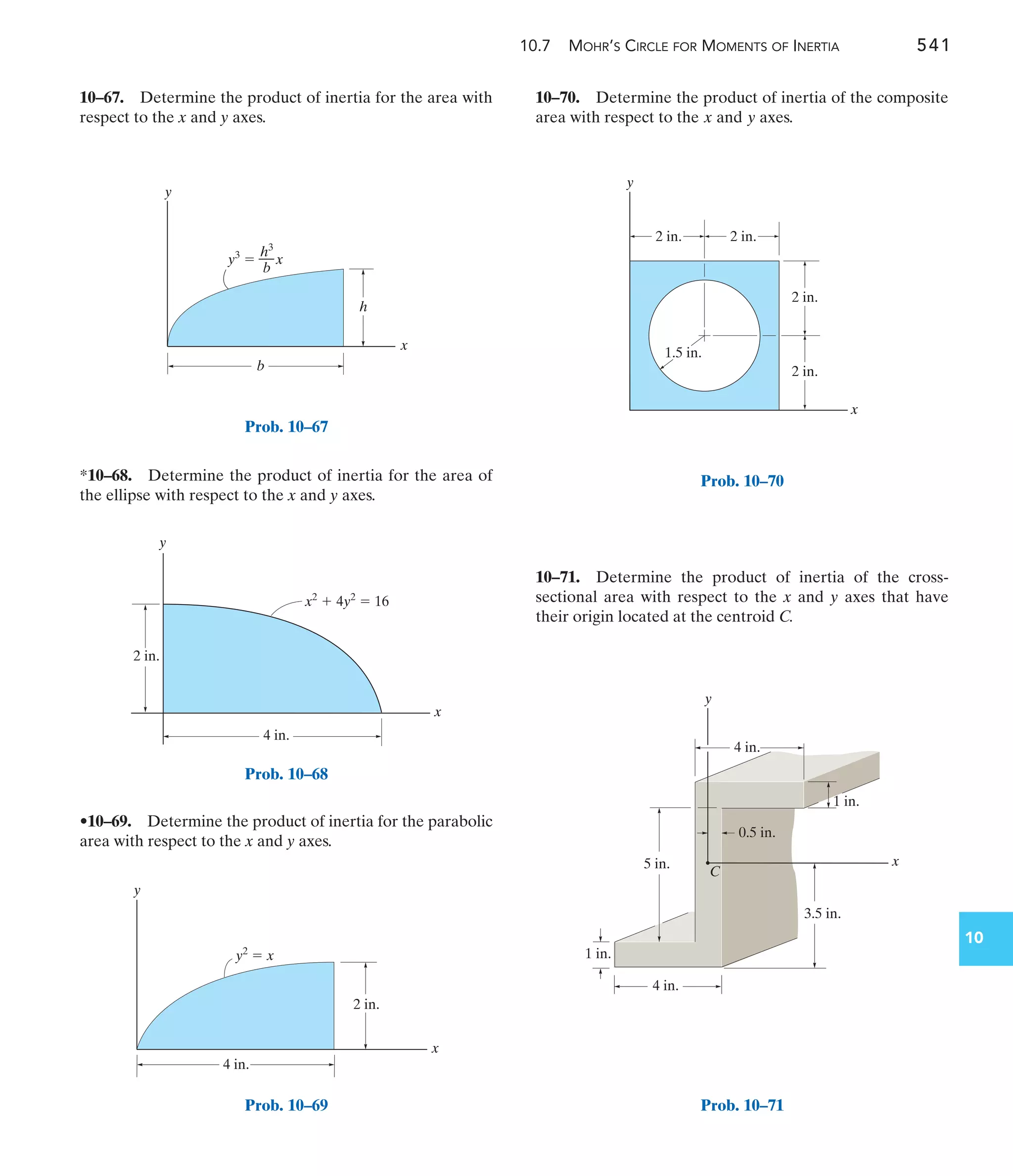 10.7 MOHR’S CIRCLE FOR MOMENTS OF INERTIA 541
10
10–70. Determine the product of inertia of the composite
area with respect to the and axes.
y
x
*10–68. Determine the product of inertia for the area of
the ellipse with respect to the x and y axes.
10–67. Determine the product of inertia for the area with
respect to the x and y axes.
10–71. Determine the product of inertia of the cross-
sectional area with respect to the x and y axes that have
their origin located at the centroid C.
•10–69. Determine the product of inertia for the parabolic
area with respect to the x and y axes.
y
x
y3
 x
b
h3
h
b
Prob. 10–67
y
x
4 in.
2 in.
x2
 4y2
 16
Prob. 10–68
y
4 in.
2 in.
x
y2
 x
Prob. 10–69
1.5 in.
y
x
2 in.
2 in.
2 in. 2 in.
Prob. 10–70
4 in.
4 in.
x
y
5 in.
1 in.
1 in.
3.5 in.
0.5 in.
C
Prob. 10–71
 