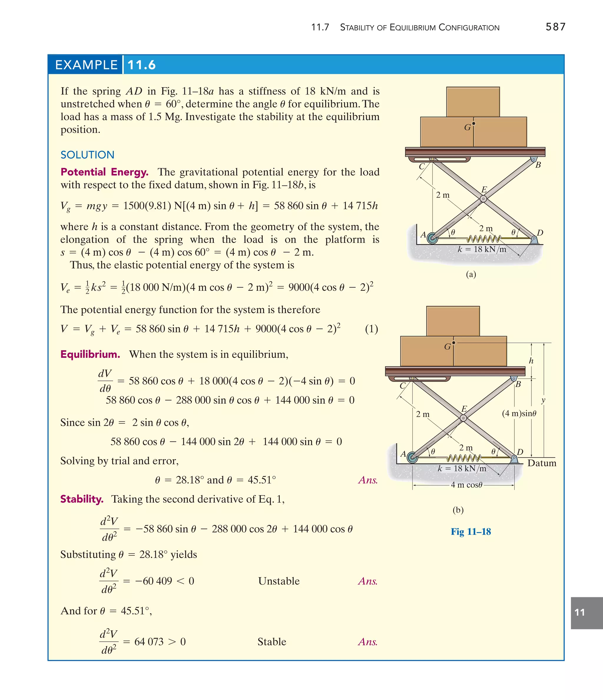 11.7 STABILITY OF EQUILIBRIUM CONFIGURATION 587
11
EXAMPLE 11.6
If the spring AD in Fig. 11–18a has a stiffness of 18 kN/m and is
unstretched when , determine the angle for equilibrium.The
load has a mass of 1.5 Mg. Investigate the stability at the equilibrium
position.
SOLUTION
Potential Energy. The gravitational potential energy for the load
with respect to the fixed datum, shown in Fig. 11–18b, is
u
u = 60°
Vg = mgy = 1500(9.81) N[(4 m) sin u + h] = 58 860 sin u + 14 715h
where h is a constant distance. From the geometry of the system, the
elongation of the spring when the load is on the platform is
.
Thus, the elastic potential energy of the system is
The potential energy function for the system is therefore
(1)
Equilibrium. When the system is in equilibrium,
Since
Solving by trial and error,
Ans.
Stability. Taking the second derivative of Eq. 1,
Substituting yields
Ans.
And for ,
Ans.
d2
V
du2
= 64 073 7 0 Stable
u = 45.51°
d2
V
du2
= -60 409 6 0 Unstable
u = 28.18°
d2
V
du2
= -58 860 sin u - 288 000 cos 2u + 144 000 cos u
u = 45.51°
u = 28.18° and
58 860 cos u - 144 000 sin 2u + 144 000 sin u = 0
sin 2u = 2 sin u cos u,
58 860 cos u - 288 000 sin u cos u + 144 000 sin u = 0
dV
du
= 58 860 cos u + 18 000(4 cos u - 2)(-4 sin u) = 0
V = Vg + V
e = 58 860 sin u + 14 715h + 9000(4 cos u - 2)2
Ve = 1
2 ks2
= 1
2(18 000 N/m)(4 m cos u - 2 m)2
= 9000(4 cos u - 2)2
s = (4 m) cos u - (4 m) cos 60° = (4 m) cos u - 2 m
(a)
2 m
2 m
A
C
E
B
D
G
k  18 kN/m
u
u
2 m
2 m
A
C
E
B
D
G
k  18 kN/m
(b)
4 m cosu
(4 m)sinu
h
y
Datum
u
u
Fig 11–18
 