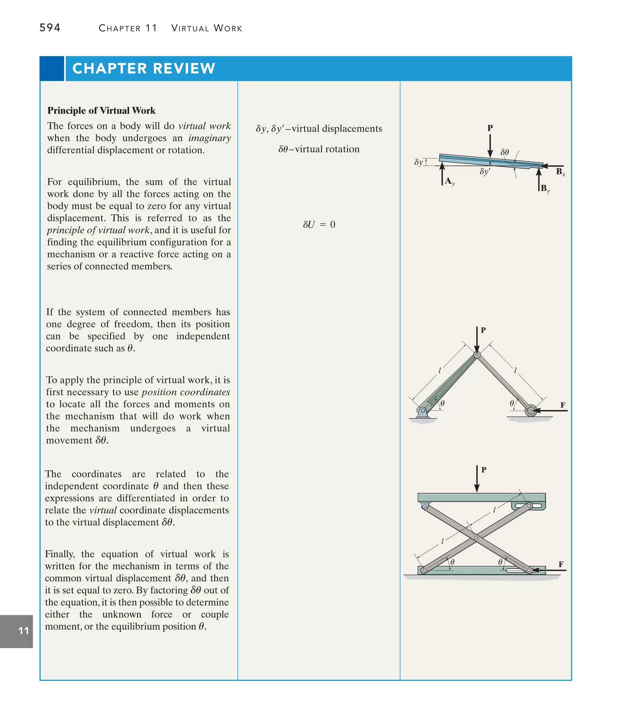 594 CHAPTER 11 VIRTUAL WORK
11
CHAPTER REVIEW
Principle of Virtual Work
The forces on a body will do virtual work
when the body undergoes an imaginary
differential displacement or rotation.
For equilibrium, the sum of the virtual
work done by all the forces acting on the
body must be equal to zero for any virtual
displacement. This is referred to as the
principle of virtual work, and it is useful for
finding the equilibrium configuration for a
mechanism or a reactive force acting on a
series of connected members.
If the system of connected members has
one degree of freedom, then its position
can be specified by one independent
coordinate such as
To apply the principle of virtual work, it is
first necessary to use position coordinates
to locate all the forces and moments on
the mechanism that will do work when
the mechanism undergoes a virtual
movement du.
u.
The coordinates are related to the
independent coordinate and then these
expressions are differentiated in order to
relate the virtual coordinate displacements
to the virtual displacement .
Finally, the equation of virtual work is
written for the mechanism in terms of the
common virtual displacement , and then
it is set equal to zero. By factoring out of
the equation, it is then possible to determine
either the unknown force or couple
moment, or the equilibrium position u.
du
du
du
u
dU = 0
du–virtual rotation
dy, dy¿–virtual displacements
By
Ay
Bx
P
du
dy
dy¿
F
l
l
P
F
l l
P
u
u
u u
 