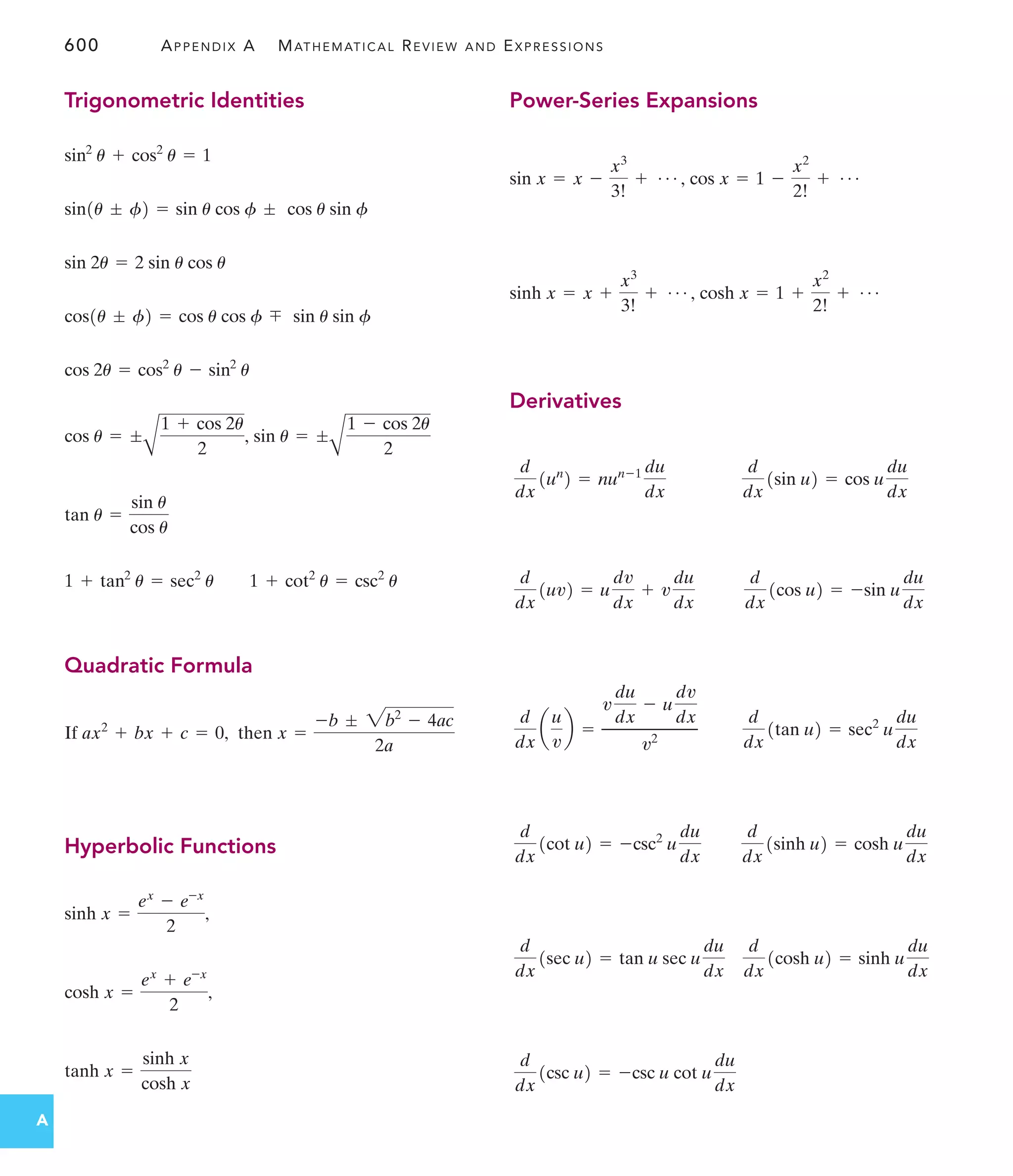 600 APPENDIX A MATHEMATICAL REVIEW AND EXPRESSIONS
A
Trigonometric Identities
Quadratic Formula
Hyperbolic Functions
tanh x =
sinh x
cosh x
cosh x =
ex
+ e-x
2
,
sinh x =
ex
- e-x
2
,
then x =
-b ; 2b2
- 4ac
2a
If ax2
+ bx + c = 0,
1 + tan2
u = sec2
u 1 + cot2
u = csc2
u
tan u =
sin u
cos u
sin u = ;
A
1 - cos 2u
2
cos u = ;
A
1 + cos 2u
2
,
cos 2u = cos2
u - sin2
u
cos1u ; f2 = cos u cos f  sin u sin f
sin 2u = 2 sin u cos u
sin1u ; f2 = sin u cos f ; cos u sin f
sin2
u + cos2
u = 1
Power-Series Expansions
Derivatives
d
dx
1csc u2 = -csc u cot u
du
dx
d
dx
1sec u2 = tan u sec u
du
dx
d
dx
1cosh u2 = sinh u
du
dx
d
dx
1cot u2 = -csc2
u
du
dx
d
dx
1sinh u2 = cosh u
du
dx
d
dx
a
u
v
b =
v
du
dx
- u
dv
dx
v2
d
dx
1tan u2 = sec2
u
du
dx
d
dx
1uv2 = u
dv
dx
+ v
du
dx
d
dx
1cos u2 = -sin u
du
dx
d
dx
1un
2 = nun-1 du
dx
d
dx
1sin u2 = cos u
du
dx
cosh x = 1 +
x2
2!
+ Á
sinh x = x +
x3
3!
+ Á ,
cos x = 1 -
x2
2!
+ Á
sin x = x -
x3
3!
+ Á ,
 