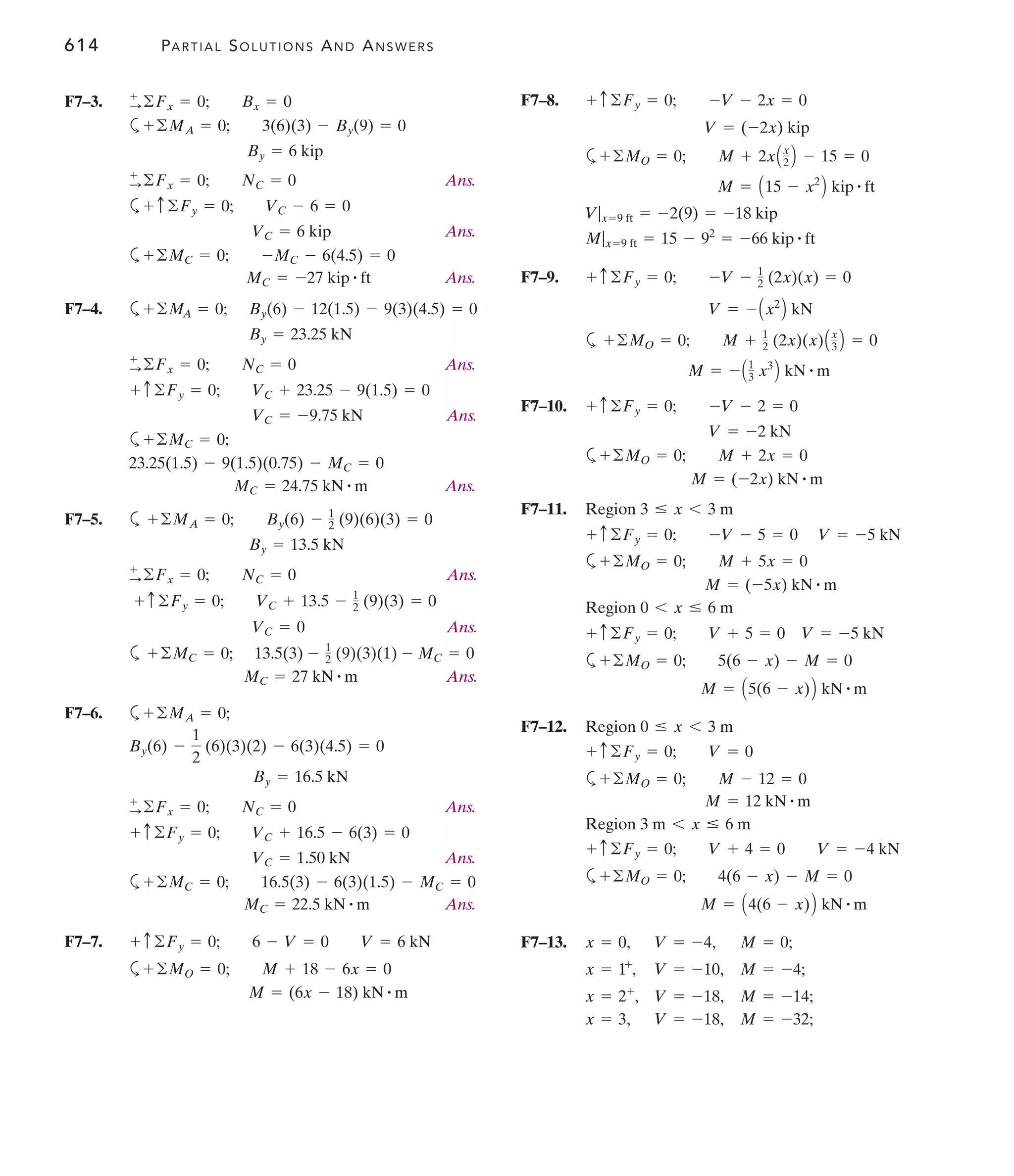 614 PARTIAL SOLUTIONS AND ANSWERS
F7–8.
a
F7–9.
a
F7–10.
a
F7–11. Region
a
Region
a
F7–12. Region
a
Region
a
F7–13.
x = 3, V = -18, M = -32;
x = 2+
, V = -18, M = -14;
x = 1+
, V = -10, M = -4;
x = 0, V = -4, M = 0;
M = A4(6 - x)B kN # m
+©MO = 0; 4(6 - x) - M = 0
+ c©Fy = 0; V + 4 = 0 V = -4 kN
3 m 6 x … 6 m
M = 12 kN # m
+©MO = 0; M - 12 = 0
+ c©Fy = 0; V = 0
0 … x 6 3 m
M = A5(6 - x)B kN # m
+©MO = 0; 5(6 - x) - M = 0
V = -5 kN
+ c©Fy = 0; V + 5 = 0
0 6 x … 6 m
M = (-5x) kN # m
+©MO = 0; M + 5x = 0
V = -5 kN
+ c©Fy = 0; -V - 5 = 0
3 … x 6 3 m
M = (-2x) kN # m
+©MO = 0; M + 2x = 0
V = -2 kN
+ c©Fy = 0; -V - 2 = 0
M = - A1
3 x3
B kN # m
+©MO = 0; M + 1
2 (2x)(x)Ax
3 B = 0
V = - Ax2
B kN
+ c©Fy = 0; -V - 1
2 (2x)(x) = 0
M|x=9 ft = 15 - 92
= -66 kip # ft
V|x=9 ft = -2(9) = -18 kip
M = A15 - x2
B kip # ft
+©MO = 0; M + 2xAx
2 B - 15 = 0
V = (-2x) kip
+ c©Fy = 0; -V - 2x = 0
F7–3.
a
Ans.
a
Ans.
a
Ans.
F7–4. a
Ans.
Ans.
a
Ans.
F7–5. a
Ans.
Ans.
a
Ans.
F7–6. a
Ans.
Ans.
a
Ans.
F7–7.
a
M = (6x - 18) kN # m
+©MO = 0; M + 18 - 6x = 0
+ c©Fy = 0; 6 - V = 0 V = 6 kN
MC = 22.5 kN # m
+©MC = 0; 16.5(3) - 6(3)(1.5) - MC = 0
VC = 1.50 kN
+ c©Fy = 0; VC + 16.5 - 6(3) = 0
+
:©Fx = 0; NC = 0
By = 16.5 kN
By(6) -
1
2
(6)(3)(2) - 6(3)(4.5) = 0
+©MA = 0;
MC = 27 kN # m
+©MC = 0; 13.5(3) - 1
2 (9)(3)(1) - MC = 0
VC = 0
+ c©Fy = 0; VC + 13.5 - 1
2 (9)(3) = 0
:
+
©Fx = 0; NC = 0
By = 13.5 kN
+©MA = 0; By(6) - 1
2 (9)(6)(3) = 0
MC = 24.75 kN # m
23.25(1.5) - 9(1.5)(0.75) - MC = 0
+©MC = 0;
VC = -9.75 kN
+ c©Fy = 0; VC + 23.25 - 9(1.5) = 0
:
+
©Fx = 0; NC = 0
By = 23.25 kN
+©MA = 0; By(6) - 12(1.5) - 9(3)(4.5) = 0
MC = -27 kip # ft
+©MC = 0; -MC - 6(4.5) = 0
VC = 6 kip
+ c©Fy = 0; VC - 6 = 0
:
+
©Fx = 0; NC = 0
By = 6 kip
+©MA = 0; 3(6)(3) - By(9) = 0
:
+
©Fx = 0; Bx = 0
 