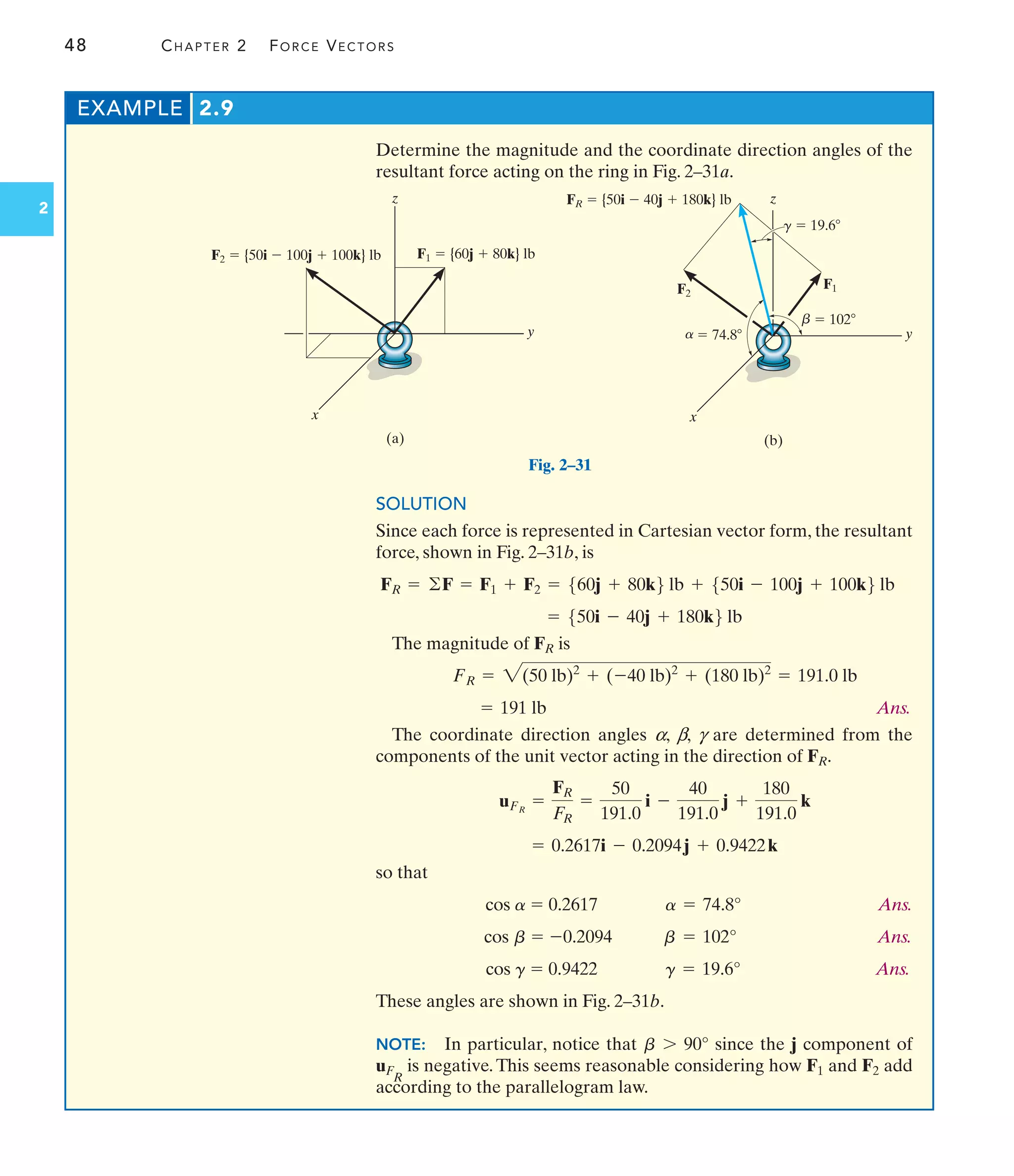 48 CHAPTER 2 FORCE VECTORS
2
EXAMPLE 2.9
Determine the magnitude and the coordinate direction angles of the
resultant force acting on the ring in Fig. 2–31a.
SOLUTION
Since each force is represented in Cartesian vector form, the resultant
force, shown in Fig. 2–31b, is
The magnitude of FR is
Ans.
The coordinate direction angles a, b, g are determined from the
components of the unit vector acting in the direction of FR.
so that
Ans.
Ans.
Ans.
These angles are shown in Fig. 2–31b.
NOTE: In particular, notice that since the j component of
uF
R
is negative. This seems reasonable considering how F1 and F2 add
according to the parallelogram law.
b 7 90°
g = 19.6°
cos g = 0.9422
b = 102°
cos b = -0.2094
a = 74.8°
cos a = 0.2617
= 0.2617i - 0.2094j + 0.9422k
uFR
=
FR
FR
=
50
191.0
i -
40
191.0
j +
180
191.0
k
= 191 lb
FR = 2(50 lb)2
+ (-40 lb)2
+ (180 lb)2
= 191.0 lb
= 550i - 40j + 180k6 lb
FR = ©F = F1 + F2 = 560j + 80k6 lb + 550i - 100j + 100k6 lb
(a)
z
y
x
F2  {50i  100j  100k} lb F1  {60j  80k} lb
(b)
z
y
x
F2
FR  {50i  40j  180k} lb
F1
 102
 74.8
 19.6
a
g
b
Fig. 2–31
 