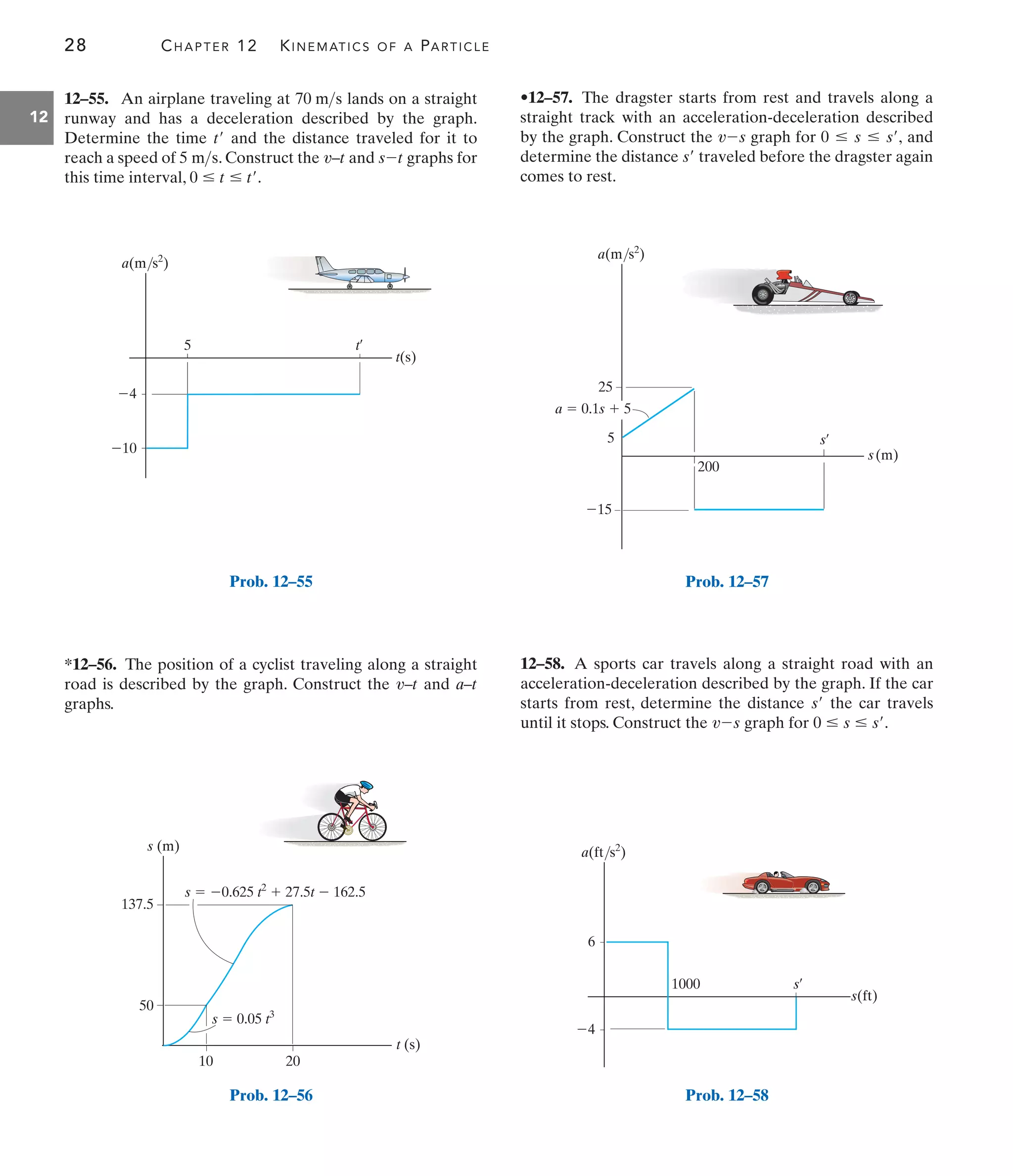Prob. 12–55
28 CHAPTER 12 KINEMATICS OF A PARTICLE
12
•12–57. The dragster starts from rest and travels along a
straight track with an acceleration-deceleration described
by the graph. Construct the graph for and
determine the distance traveled before the dragster again
comes to rest.
s¿
0 … s … s¿,
v-s
*12–56. The position of a cyclist traveling along a straight
road is described by the graph. Construct the and
graphs.
a–t
v–t
12–55. An airplane traveling at lands on a straight
runway and has a deceleration described by the graph.
Determine the time and the distance traveled for it to
reach a speed of . Construct the and graphs for
this time interval, .
0 … t … t¿
s-t
v–t
5 ms
t¿
70 ms
12–58. A sports car travels along a straight road with an
acceleration-deceleration described by the graph. If the car
starts from rest, determine the distance the car travels
until it stops. Construct the graph for .
0 … s … s¿
v-s
s¿
t(s)
a(m/s2
)
5 t¿
4
10
Prob. 12–56
t (s)
s (m)
s  0.625 t2
 27.5t  162.5
10 20
50
137.5
s  0.05 t3
Prob. 12–58
s(ft)
a(ft/s2
)
s¿
4
6
1000
Prob. 12–57
s(m)
a(m/s2
)
200
s¿
25
5
15
a  0.1s  5
 