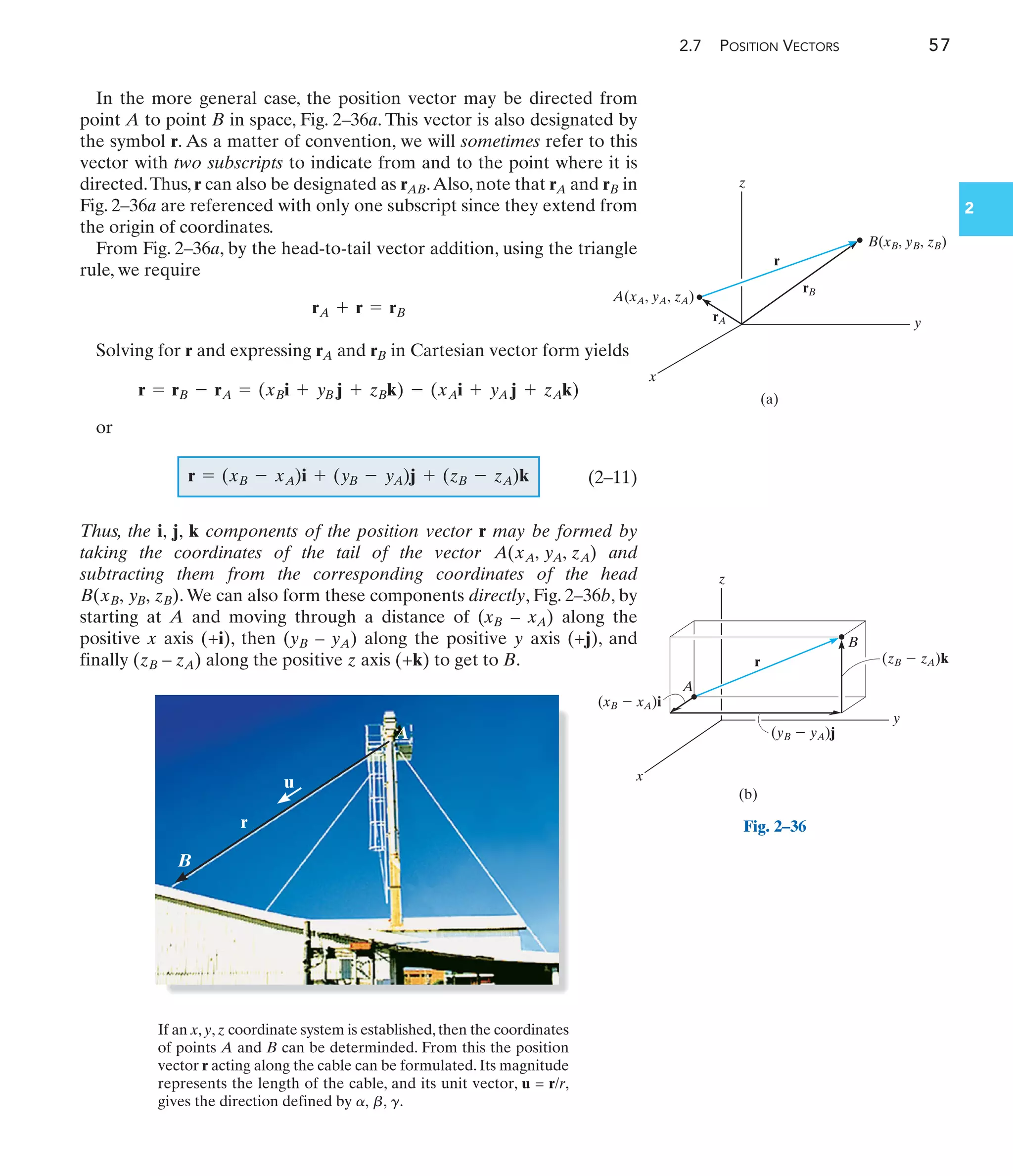 2.7 POSITION VECTORS 57
2
In the more general case, the position vector may be directed from
point A to point B in space, Fig. 2–36a. This vector is also designated by
the symbol r. As a matter of convention, we will sometimes refer to this
vector with two subscripts to indicate from and to the point where it is
directed.Thus, r can also be designated as rAB.Also, note that rA and rB in
Fig. 2–36a are referenced with only one subscript since they extend from
the origin of coordinates.
From Fig. 2–36a, by the head-to-tail vector addition, using the triangle
rule, we require
Solving for r and expressing rA and rB in Cartesian vector form yields
or
(2–11)
Thus, the i, j, k components of the position vector r may be formed by
taking the coordinates of the tail of the vector and
subtracting them from the corresponding coordinates of the head
.We can also form these components directly, Fig. 2–36b, by
starting at A and moving through a distance of (xB – xA) along the
positive x axis (+i), then (yB – yA) along the positive y axis (+j), and
finally (zB – zA) along the positive z axis (+k) to get to B.
B(xB, yB, zB)
A(xA, yA, zA)
r = (xB - xA)i + (yB - yA)j + (zB - zA)k
r = rB - rA = (xBi + yB j + zBk) - (xAi + yA j + zAk)
rA + r = rB
z
y
x
(a)
B(xB, yB, zB)
A(xA, yA, zA)
rA
rB
r
(b)
z
y
x
(xB  xA)i
r
B
A
(yB  yA)j
(zB  zA)k
Fig. 2–36
A
r
B
u
If an x,y,z coordinate system is established,then the coordinates
of points A and B can be determinded. From this the position
vector r acting along the cable can be formulated. Its magnitude
represents the length of the cable, and its unit vector, u = r/r,
gives the direction defined by .
a, b, g
 