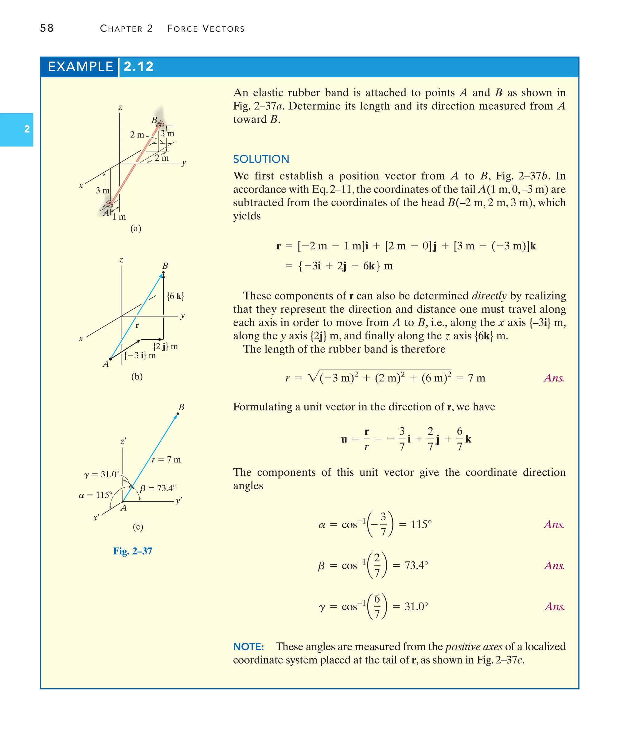 58 CHAPTER 2 FORCE VECTORS
2
EXAMPLE 2.12
An elastic rubber band is attached to points A and B as shown in
Fig. 2–37a. Determine its length and its direction measured from A
toward B.
SOLUTION
We first establish a position vector from A to B, Fig. 2–37b. In
accordance with Eq.2–11,the coordinates of the tail A(1 m,0,–3 m) are
subtracted from the coordinates of the head B(–2 m, 2 m, 3 m), which
yields
These components of r can also be determined directly by realizing
that they represent the direction and distance one must travel along
each axis in order to move from A to B, i.e., along the x axis {–3i} m,
along the y axis {2j} m, and finally along the z axis {6k} m.
The length of the rubber band is therefore
Ans.
Formulating a unit vector in the direction of r, we have
The components of this unit vector give the coordinate direction
angles
Ans.
Ans.
Ans.
NOTE: These angles are measured from the positive axes of a localized
coordinate system placed at the tail of r, as shown in Fig. 2–37c.
g = cos-1
a
6
7
b = 31.0°
b = cos-1
a
2
7
b = 73.4°
a = cos-1
a-
3
7
b = 115°
u =
r
r
= -
3
7
i +
2
7
j +
6
7
k
r = 2(-3 m)2
+ (2 m)2
+ (6 m)2
= 7 m
= 5-3i + 2j + 6k6 m
r = [-2 m - 1 m]i + [2 m - 0]j + [3 m - (-3 m)]k
(a)
z
y
x
3 m
1 m
A
B
3 m
2 m
2 m
(b)
z
y
A
B
{6 k}
{2 j} m
{3 i} m
r
x
(c)
A
B
z¿
y¿
x¿
r  7 m
g  31.0
a  115
b  73.4
Fig. 2–37
 