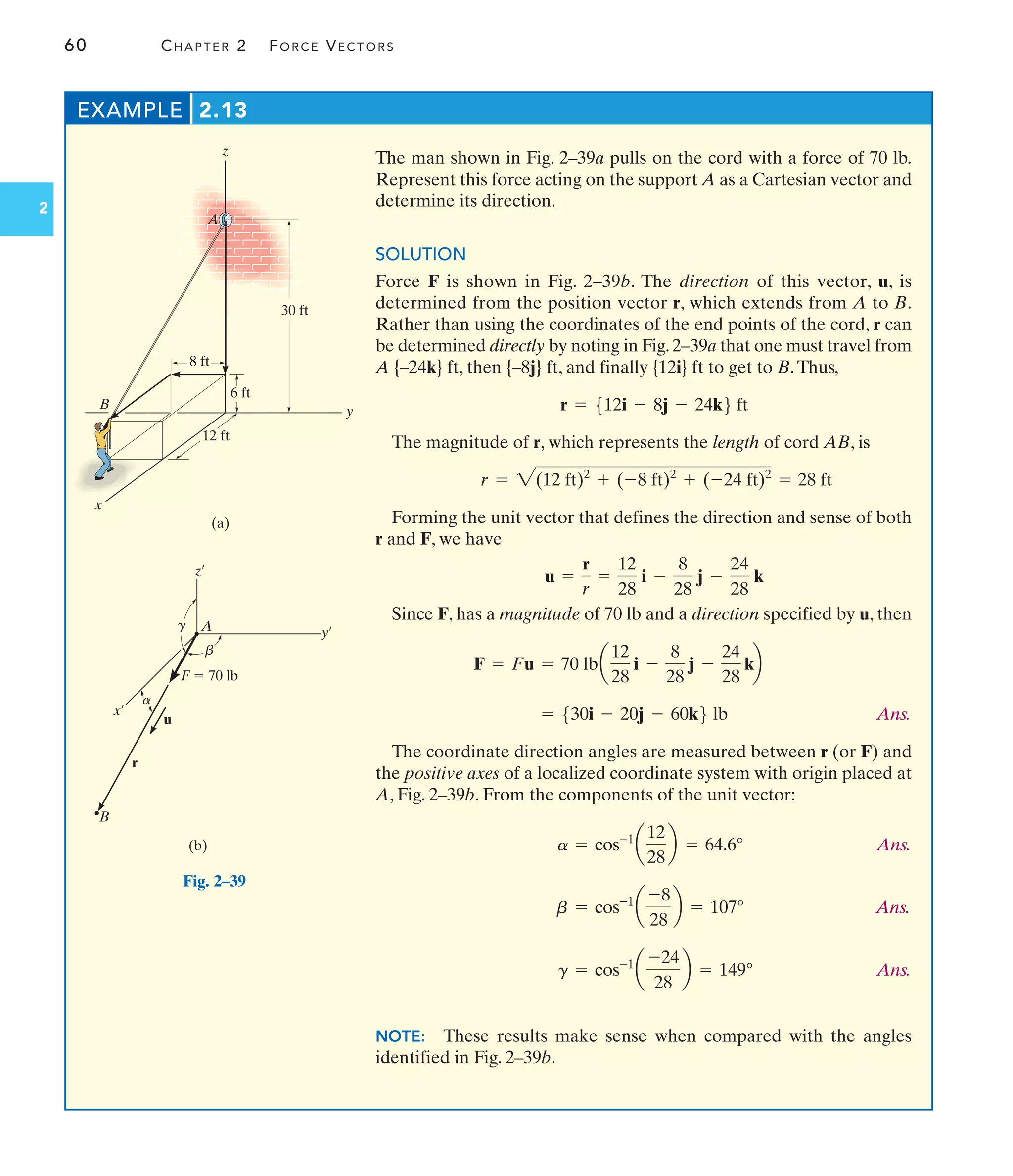 60 CHAPTER 2 FORCE VECTORS
2
EXAMPLE 2.13
The man shown in Fig. 2–39a pulls on the cord with a force of 70 lb.
Represent this force acting on the support A as a Cartesian vector and
determine its direction.
SOLUTION
Force F is shown in Fig. 2–39b. The direction of this vector, u, is
determined from the position vector r, which extends from A to B.
Rather than using the coordinates of the end points of the cord, r can
be determined directly by noting in Fig.2–39a that one must travel from
A {–24k} ft, then {–8j} ft, and finally {12i} ft to get to B.Thus,
The magnitude of r, which represents the length of cord AB, is
Forming the unit vector that defines the direction and sense of both
r and F, we have
Since F, has a magnitude of 70 lb and a direction specified by u, then
Ans.
The coordinate direction angles are measured between r (or F) and
the positive axes of a localized coordinate system with origin placed at
A, Fig. 2–39b. From the components of the unit vector:
Ans.
Ans.
Ans.
NOTE: These results make sense when compared with the angles
identified in Fig. 2–39b.
g = cos-1
a
-24
28
b = 149°
b = cos-1
a
-8
28
b = 107°
a = cos-1
a
12
28
b = 64.6°
= 530i - 20j - 60k6 lb
F = Fu = 70 lba
12
28
i -
8
28
j -
24
28
kb
u =
r
r
=
12
28
i -
8
28
j -
24
28
k
r = 2(12 ft)2
+ (-8 ft)2
+ (-24 ft)2
= 28 ft
r = 512i - 8j - 24k6 ft
y
x
z
A
30 ft
8 ft
6 ft
12 ft
B
(a)
F  70 lb
(b)
x¿
y¿
z¿
A
u
r
B
g
b
a
Fig. 2–39
 