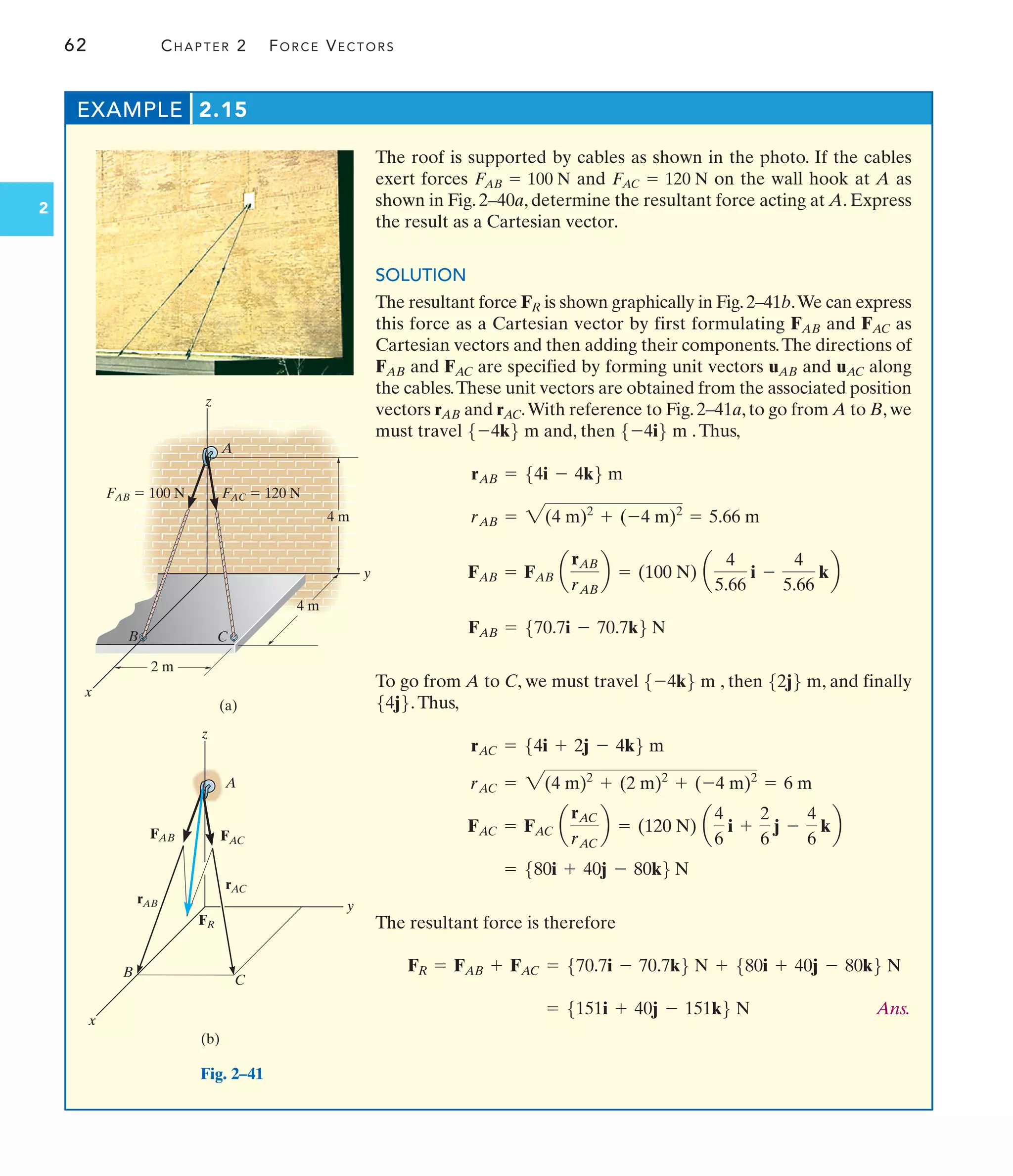 62 CHAPTER 2 FORCE VECTORS
2
EXAMPLE 2.15
The roof is supported by cables as shown in the photo. If the cables
exert forces and on the wall hook at A as
shown in Fig. 2–40a, determine the resultant force acting at A. Express
the result as a Cartesian vector.
SOLUTION
The resultant force FR is shown graphically in Fig.2–41b.We can express
this force as a Cartesian vector by first formulating FAB and FAC as
Cartesian vectors and then adding their components.The directions of
FAB and FAC are specified by forming unit vectors uAB and uAC along
the cables.These unit vectors are obtained from the associated position
vectors rAB and rAC.With reference to Fig. 2–41a, to go from A to B, we
must travel and, then .Thus,
To go from A to C, we must travel , then , and finally
.Thus,
The resultant force is therefore
Ans.
= 5151i + 40j - 151k6 N
FR = FAB + FAC = 570.7i - 70.7k6 N + 580i + 40j - 80k6 N
= 580i + 40j - 80k6 N
FAC = FAC a
rAC
rAC
b = (120 N) a
4
6
i +
2
6
j -
4
6
kb
rAC = 2(4 m)2
+ (2 m)2
+ (-4 m)2
= 6 m
rAC = 54i + 2j - 4k6 m
54j6
52j6 m
5-4k6 m
FAB = 570.7i - 70.7k6 N
FAB = FAB a
rAB
rAB
b = (100 N) a
4
5.66
i -
4
5.66
kb
rAB = 2(4 m)2
+ (-4 m)2
= 5.66 m
rAB = 54i - 4k6 m
5-4i6 m
5-4k6 m
FAC = 120 N
FAB = 100 N
y
x
B
C
A
FAB FAC
rAB
rAC
FR
(b)
z
Fig. 2–41
(a)
y
x
2 m
4 m
B
4 m
A
C
FAB  100 N FAC  120 N
z
 
