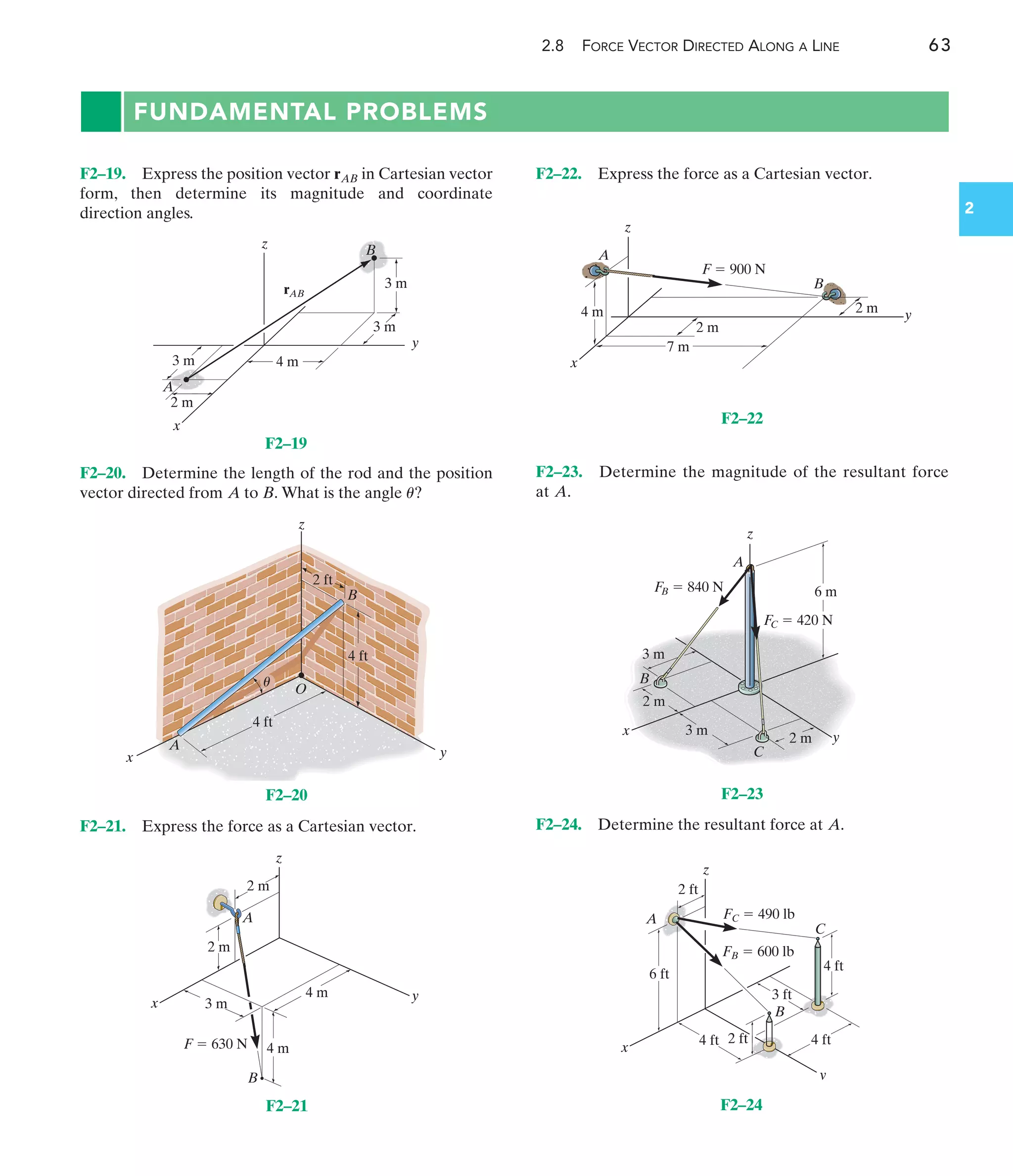 2.8 FORCE VECTOR DIRECTED ALONG A LINE 63
2
FUNDAMENTAL PROBLEMS
F2–23. Determine the magnitude of the resultant force
at .
A
F2–24. Determine the resultant force at .
A
F2–19. Express the position vector in Cartesian vector
form, then determine its magnitude and coordinate
direction angles.
rAB F2–22. Express the force as a Cartesian vector.
4 m
2 m
7 m
2 m
z
y
A
B
x
F  900 N
F2–22
z
y
x
6 m
FB  840 N
FC  420 N
3 m
3 m
2 m
2 m
B
C
A
F2–23
3 m
2 m
2 m
4 m
4 m y
x
A
B
z
F  630 N
F2–21
z B
A
y
x
4 m
2 m
3 m
3 m
3 m
rAB
F2–19
4 ft
z
A
y
x
4 ft
2 ft
B
O
u
F2–20
4 ft
6 ft
4 ft
3 ft
4 ft 2 ft
z
y
x
FC  490 lb
FB  600 lb
2 ft
C
B
A
F2–24
F2–20. Determine the length of the rod and the position
vector directed from What is the angle ?
u
A to B.
F2–21. Express the force as a Cartesian vector.
 
