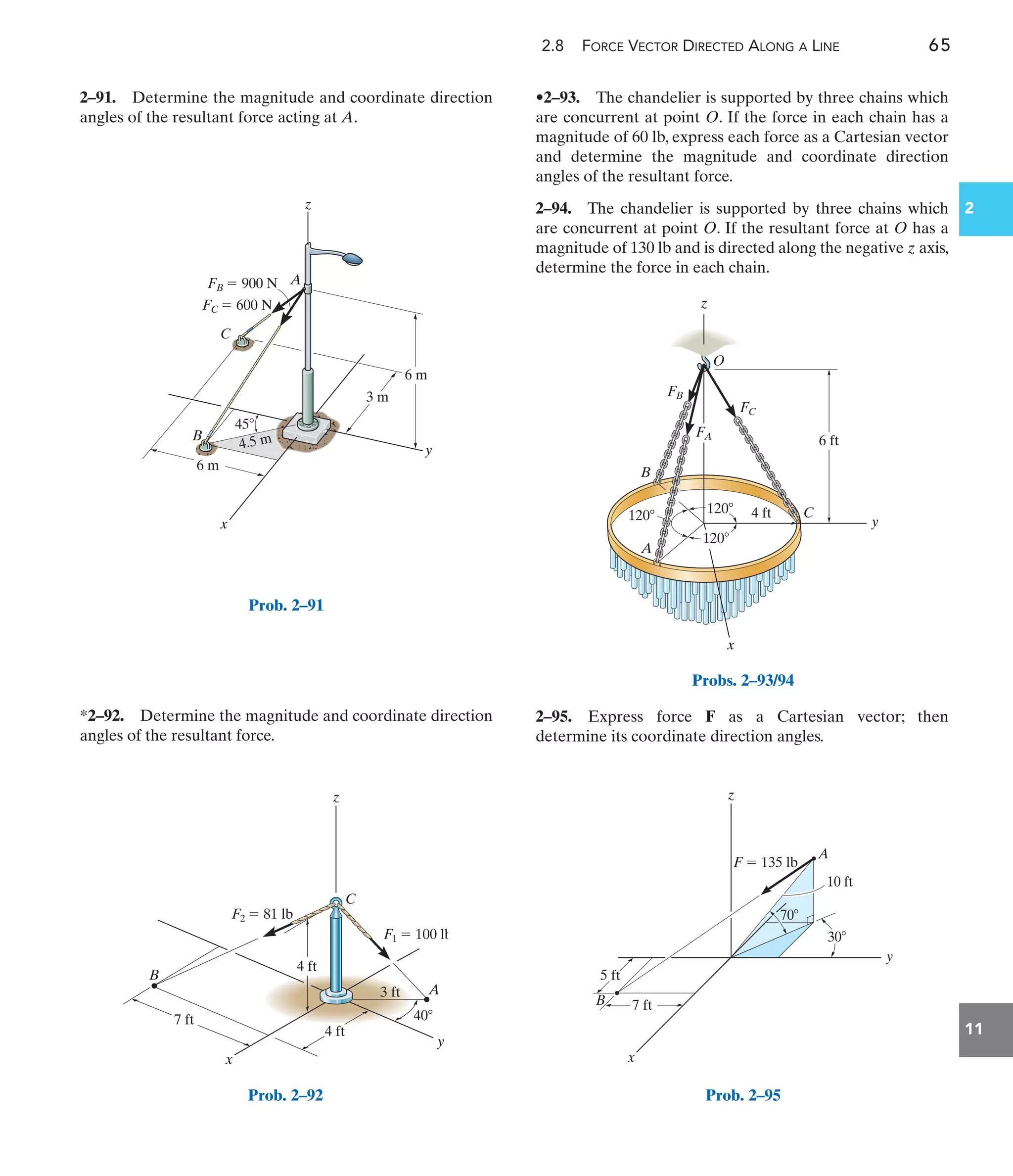 11
2.8 FORCE VECTOR DIRECTED ALONG A LINE 65
2
2–91. Determine the magnitude and coordinate direction
angles of the resultant force acting at A.
*2–92. Determine the magnitude and coordinate direction
angles of the resultant force.
2–95. Express force F as a Cartesian vector; then
determine its coordinate direction angles.
120
z
y
120 4 ft
A
B
C
6 ft
O
FA
FB
FC
x
120
Probs. 2–93/94
A
C
B
4 ft
7 ft
3 ft
x
y
z
F2  81 lb
F1  100 lb
40
4 ft
Prob. 2–92
y
x
B
C
A
6 m
3 m
45
4.5 m
6 m
FB  900 N
FC  600 N
z
Prob. 2–91
y
x
z
B
A
10 ft
70
30
7 ft
5 ft
F  135 lb
Prob. 2–95
•2–93. The chandelier is supported by three chains which
are concurrent at point O. If the force in each chain has a
magnitude of 60 lb, express each force as a Cartesian vector
and determine the magnitude and coordinate direction
angles of the resultant force.
2–94. The chandelier is supported by three chains which
are concurrent at point O. If the resultant force at O has a
magnitude of 130 lb and is directed along the negative z axis,
determine the force in each chain.
 