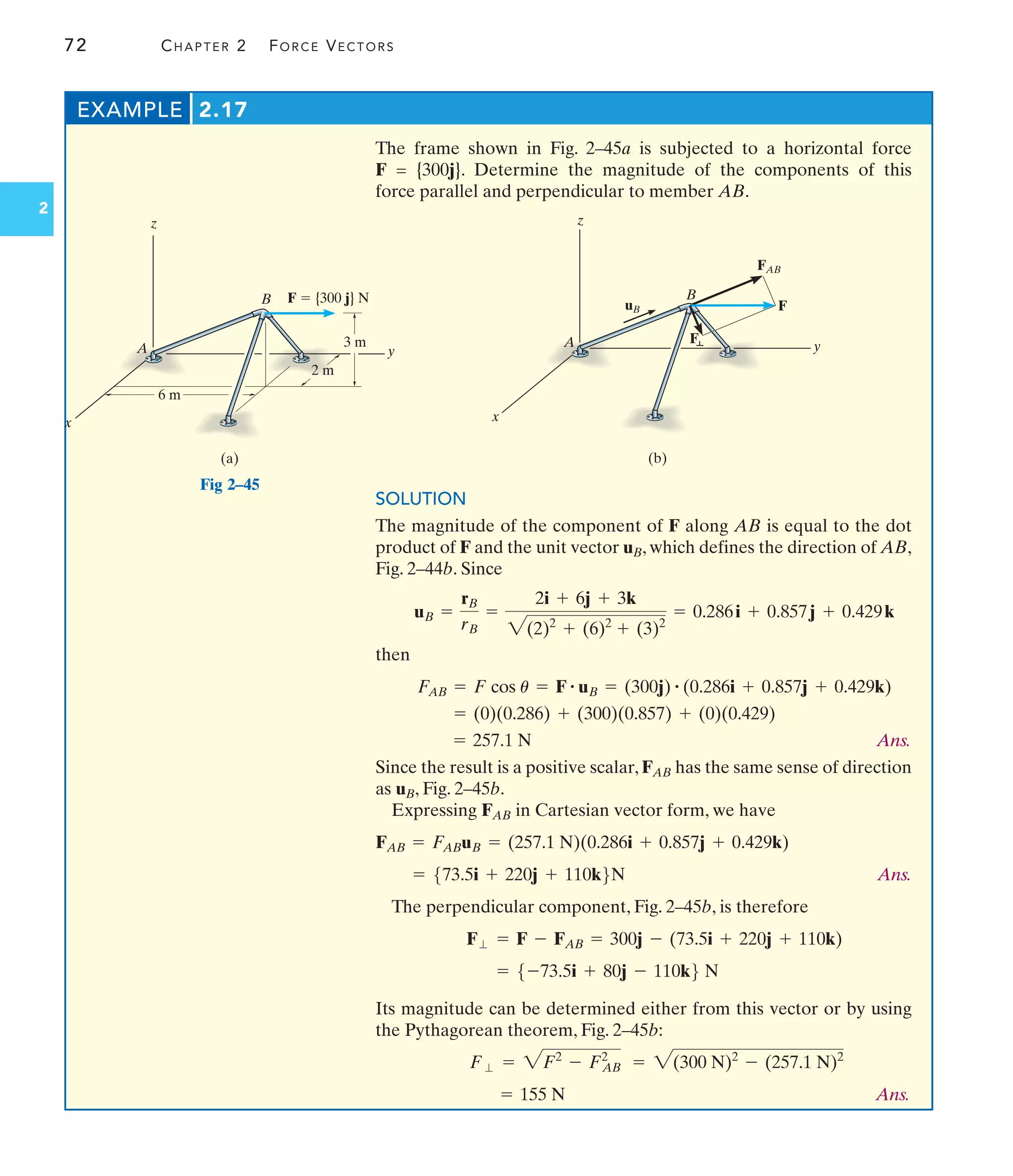 72 CHAPTER 2 FORCE VECTORS
2
EXAMPLE 2.17
(a)
z
y
x
6 m
2 m
3 m
A
B F  {300 j} N
(b)
F
F
FAB
z
y
x
A
B
uB
Fig 2–45
The frame shown in Fig. 2–45a is subjected to a horizontal force
F = {300j}. Determine the magnitude of the components of this
force parallel and perpendicular to member AB.
SOLUTION
The magnitude of the component of F along AB is equal to the dot
product of F and the unit vector uB, which defines the direction of AB,
Fig. 2–44b. Since
then
Ans.
Since the result is a positive scalar, FAB has the same sense of direction
as uB, Fig. 2–45b.
Expressing FAB in Cartesian vector form, we have
Ans.
The perpendicular component, Fig. 2–45b, is therefore
Its magnitude can be determined either from this vector or by using
the Pythagorean theorem, Fig. 2–45b:
Ans.
= 155 N
= 2(300 N)2
- (257.1 N)2
F⬜ = 2F2
- F2
AB
= 5-73.5i + 80j - 110k6 N
F⬜ = F - FAB = 300j - (73.5i + 220j + 110k)
= 573.5i + 220j + 110k6N
= (257.1 N)(0.286i + 0.857j + 0.429k)
FAB = FABuB
= 257.1 N
= (0)(0.286) + (300)(0.857) + (0)(0.429)
FAB = F cos u = F # uB = (300j) # (0.286i + 0.857j + 0.429k)
uB =
rB
rB
=
2i + 6j + 3k
2(2)2
+ (6)2
+ (3)2
= 0.286i + 0.857j + 0.429k
 