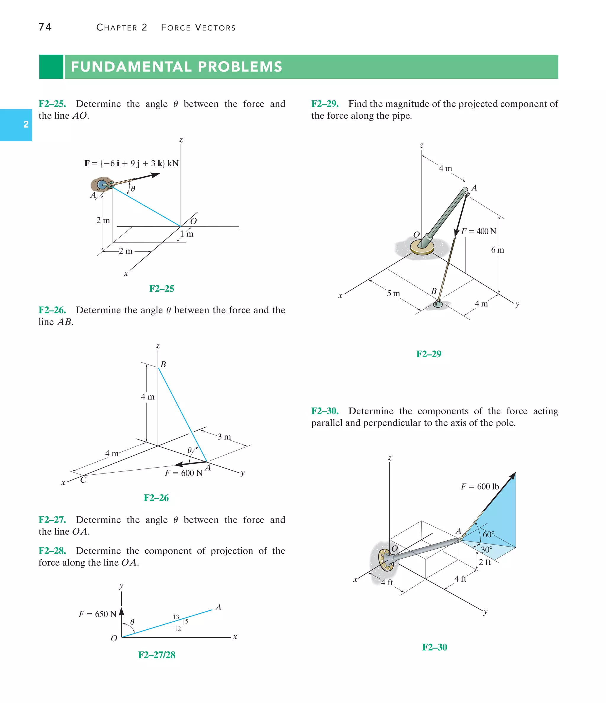 74 CHAPTER 2 FORCE VECTORS
2
2 m
2 m
1 m
z
y
A
O
x
F  {6 i  9 j  3 k} kN
u
F2–25
FUNDAMENTAL PROBLEMS
F2–26. Determine the angle between the force and the
line .
AB
u
F2–27. Determine the angle between the force and
the line .
F2–28. Determine the component of projection of the
force along the line .
OA
OA
u
F2–30. Determine the components of the force acting
parallel and perpendicular to the axis of the pole.
F2–25. Determine the angle between the force and
the line AO.
u F2–29. Find the magnitude of the projected component of
the force along the pipe.
F  650 N
x
A
O
y
13
12
5
u
F2–27/28
O
z
y
x
4 m
6 m
5 m B
A
F  400 N
4 m
F2–29
y
x
z
A
F  600 N
C
B
4 m
4 m
3 m
u
F2–26
z
x
y
A
F  600 lb
60
30
4 ft
2 ft
4 ft
O
F2–30
 