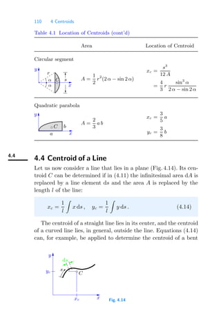 110 4 Centroids
Table 4.1 Location of Centroids (cont’d)
Area Location of Centroid
Circular segment
y
x
α
α s
r
C A =
1
2
r2
(2 α − sin 2 α)
xc =
s3
12 A
=
4
3
r
sin3
α
2 α − sin 2 α
Quadratic parabola
y
x
C b
a
A =
2
3
a b
xc =
3
5
a
yc =
3
8
b
4.4
4.4 Centroid of a Line
Let us now consider a line that lies in a plane (Fig. 4.14). Its cen-
troid C can be determined if in (4.11) the inﬁnitesimal area dA is
replaced by a line element ds and the area A is replaced by the
length l of the line:
xc =
1
l

x ds , yc =
1
l

y ds . (4.14)
The centroid of a straight line lies in its center, and the centroid
of a curved line lies, in general, outside the line. Equations (4.14)
can, for example, be applied to determine the centroid of a bent
x
C
y
xc
ds
yc
s
Fig. 4.14
 