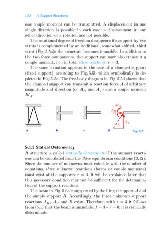 122 5 Support Reactions
one couple moment can be transmitted. A displacement in one
single direction is possible in each case; a displacement in any
other direction or a rotation are not possible.
The rotational degree of freedom disappears if a support by two
struts is complemented by an additional, somewhat shifted, third
strut (Fig. 5.5a): the structure becomes immobile. In addition to
the two force components, the support can now also transmit a
couple moment, i.e., in total three reactions: r = 3.
The same situation appears in the case of a clamped support
(ﬁxed support) according to Fig. 5.5b which symbolically is de-
picted in Fig. 5.5c. The free-body diagram in Fig. 5.5d shows that
the clamped support can transmit a reaction force A of arbitrary
magnitude and direction (or AH and AV ) and a couple moment
MA.
0
0
0
0
1
1
1
1
0000
1111
a b c d
0
0
0
0
1
1
1
1 MA
AH
A
AV
Fig. 5.5
5.1.2 Statical Determinacy
A structure is called statically determinate if the support reacti-
ons can be calculated from the three equilibrium conditions (3.12).
Since the number of unknowns must coincide with the number of
equations, three unknown reactions (forces or couple moments)
must exist at the supports: r = 3. It will be explained later that
this necessary condition may not be suﬃcient for the determina-
tion of the support reactions.
The beam in Fig. 5.6a is supported by the hinged support A and
the simple support B. Accordingly, the three unknown support
reactions AH , AV and B exist. Therefore, with r = 3 it follows
from (5.1) that the beam is immobile: f = 3−r = 0; it is statically
determinate.
 