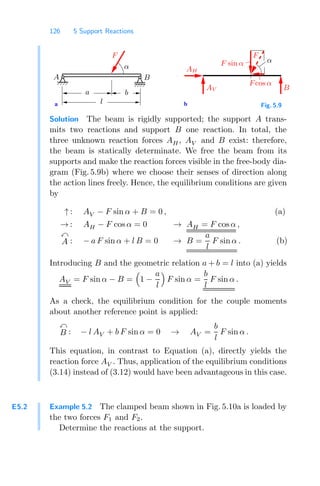 126 5 Support Reactions
b
a
α
α F sin α
F
Fcos α
F
AH
AV B
l
a b
A B
Fig. 5.9
Solution The beam is rigidly supported; the support A trans-
mits two reactions and support B one reaction. In total, the
three unknown reaction forces AH, AV and B exist: therefore,
the beam is statically determinate. We free the beam from its
supports and make the reaction forces visible in the free-body dia-
gram (Fig. 5.9b) where we choose their senses of direction along
the action lines freely. Hence, the equilibrium conditions are given
by
↑ : AV − F sin α + B = 0 , (a)
→ : AH − F cos α = 0 → AH = F cos α ,

A : − a F sin α + l B = 0 → B =
a
l
F sin α . (b)
Introducing B and the geometric relation a + b = l into (a) yields
AV = F sin α − B =

1 −
a
l

F sin α =
b
l
F sin α .
As a check, the equilibrium condition for the couple moments
about another reference point is applied:

B : − l AV + b F sin α = 0 → AV =
b
l
F sin α .
This equation, in contrast to Equation (a), directly yields the
reaction force AV . Thus, application of the equilibrium conditions
(3.14) instead of (3.12) would have been advantageous in this case.
E5.2 Example 5.2 The clamped beam shown in Fig. 5.10a is loaded by
the two forces F1 and F2.
Determine the reactions at the support.
 