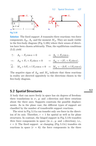 5.2 Spatial Structures 127
0
0
0
1
1
1
a b
F2
b
α
F1
F2
AV
MA
AH
F1
A
l
a
Fig. 5.10
Solution The ﬁxed support A transmits three reactions: two force
components AH, AV and the moment MA. They are made visible
in the free-body diagram (Fig. 5.10b) where their senses of direct-
ion have been chosen arbitrarily. Thus, the equilibrium conditions
(5.2) yield
↑ : AV − F2 cos α = 0 → AV = F2 cos α ,
→ : AH + F1 + F2 sin α = 0 → AH = −(F1 + F2 sin α) ,

A : MA + b F1 + l F2 cos α = 0 → MA = −(b F1 + l F2 cos α).
The negative signs of AH and MA indicate that these reactions
in reality are directed oppositely to the directions chosen in the
free-body diagram.
5.2
5.2 Spatial Structures
A body that can move freely in space has six degrees of freedom:
three translations in x-, y- and z-direction and three rotations
about the three axes. Supports constrain the possible displace-
ments. As in the plane case, the diﬀerent types of support are
classiﬁed by the number of transferable support reactions.
The strut in Fig. 5.11a can transfer only one force in the direct-
ion of its axis. Therefore, r = 1 for spatial as well as for plane
structures. In contrast, the hinged support in Fig. 5.11b transfers
three force components in space (in x-, y- and z-direction), i.e.,
r = 3. The ﬁxed support or clamping (Fig. 5.11c) transfers six
reactions in space (r = 6): the force components in the three
 