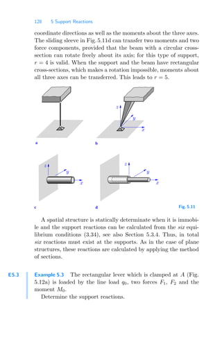 128 5 Support Reactions
coordinate directions as well as the moments about the three axes.
The sliding sleeve in Fig. 5.11d can transfer two moments and two
force components, provided that the beam with a circular cross-
section can rotate freely about its axis; for this type of support,
r = 4 is valid. When the support and the beam have rectangular
cross-sections, which makes a rotation impossible, moments about
all three axes can be transferred. This leads to r = 5.
b
a
d
c
x
x
y
x
z
y
y
z z
Fig. 5.11
A spatial structure is statically determinate when it is immobi-
le and the support reactions can be calculated from the six equi-
librium conditions (3.34), see also Section 5.3.4. Thus, in total
six reactions must exist at the supports. As in the case of plane
structures, these reactions are calculated by applying the method
of sections.
E5.3 Example 5.3 The rectangular lever which is clamped at A (Fig.
5.12a) is loaded by the line load q0, two forces F1, F2 and the
moment M0.
Determine the support reactions.
 