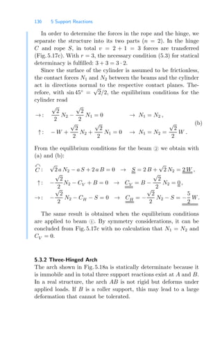 136 5 Support Reactions
In order to determine the forces in the rope and the hinge, we
separate the structure into its two parts (n = 2). In the hinge
C and rope S, in total v = 2 + 1 = 3 forces are transferred
(Fig. 5.17c). With r = 3, the necessary condition (5.3) for statical
determinacy is fulﬁlled: 3 + 3 = 3 · 2.
Since the surface of the cylinder is assumed to be frictionless,
the contact forces N1 and N2 between the beams and the cylinder
act in directions normal to the respective contact planes. The-
refore, with sin 45◦
=
√
2/2, the equilibrium conditions for the
cylinder read
→ :
√
2
2
N2 −
√
2
2
N1 = 0 → N1 = N2 ,
(b)
↑ : − W +
√
2
2
N2 +
√
2
2
N1 = 0 → N1 = N2 =
√
2
2
W .
From the equilibrium conditions for the beam 2 we obtain with
(a) and (b):

C :
√
2 a N2 − a S + 2 a B = 0 → S = 2 B +
√
2 N2 = 2 W ,
↑ : −
√
2
2
N2 − CV + B = 0 → CV = B −
√
2
2
N2 = 0 ,
→ : −
√
2
2
N2 − CH − S = 0 → CH = −
√
2
2
N2 − S = −
5
2
W.
The same result is obtained when the equilibrium conditions
are applied to beam 1 . By symmetry considerations, it can be
concluded from Fig. 5.17c with no calculation that N1 = N2 and
CV = 0.
5.3.2 Three-Hinged Arch
The arch shown in Fig. 5.18a is statically determinate because it
is immobile and in total three support reactions exist at A and B.
In a real structure, the arch AB is not rigid but deforms under
applied loads. If B is a roller support, this may lead to a large
deformation that cannot be tolerated.
 