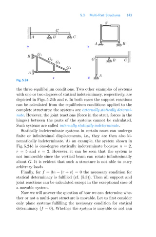 5.3 Multi-Part Structures 143
a b
d
c
0
0
0
1
1
1
00
00
00
00
11
11
11
11
S
A B
A
B C
G1
G4
G3
G2
B
A
G
C
A B
G
Fig. 5.24
the three equilibrium conditions. Two other examples of systems
with one or two degrees of statical indeterminacy, respectively, are
depicted in Figs. 5.24b and c. In both cases the support reactions
can be calculated from the equilibrium conditions applied to the
complete structures: the systems are externally statically determi-
nate. However, the joint reactions (force in the strut, forces in the
hinges) between the parts of the systems cannot be calculated.
Such systems are called internally statically indeterminate.
Statically indeterminate systems in certain cases can undergo
ﬁnite or inﬁnitesimal displacements, i.e., they are then also ki-
nematically indeterminate. As an example, the system shown in
Fig. 5.24d is one-degree statically indeterminate because n = 2,
r = 5 and v = 2. However, it can be seen that the system is
not immovable since the vertical beam can rotate inﬁnitesimally
about G. It is evident that such a structure is not able to carry
arbitrary loads.
Finally, for f = 3n − (r + v) = 0 the necessary condition for
statical determinacy is fulﬁlled (cf. (5.3)). Then all support and
joint reactions can be calculated except in the exceptional case of
a movable system.
Now we will answer the question of how we can determine whe-
ther or not a multi-part structure is movable. Let us ﬁrst consider
only plane systems fulﬁlling the necessary condition for statical
determinacy (f = 0). Whether the system is movable or not can
 