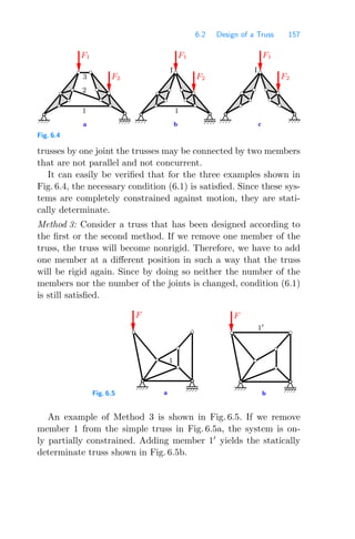 6.2 Design of a Truss 157
a b c
I
1
1
3
I
2
F1
F2
F2
F1 F1
F2
Fig. 6.4
trusses by one joint the trusses may be connected by two members
that are not parallel and not concurrent.
It can easily be veriﬁed that for the three examples shown in
Fig. 6.4, the necessary condition (6.1) is satisﬁed. Since these sys-
tems are completely constrained against motion, they are stati-
cally determinate.
Method 3: Consider a truss that has been designed according to
the ﬁrst or the second method. If we remove one member of the
truss, the truss will become nonrigid. Therefore, we have to add
one member at a diﬀerent position in such a way that the truss
will be rigid again. Since by doing so neither the number of the
members nor the number of the joints is changed, condition (6.1)
is still satisﬁed.
Fig. 6.5 a b
1
1
F F
An example of Method 3 is shown in Fig. 6.5. If we remove
member 1 from the simple truss in Fig. 6.5a, the system is on-
ly partially constrained. Adding member 1
yields the statically
determinate truss shown in Fig. 6.5b.
 