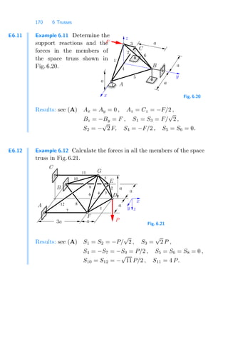 170 6 Trusses
E6.11 Example 6.11 Determine the
support reactions and the
forces in the members of
the space truss shown in
Fig. 6.20.
F
a
2
6
5
1
3
4
A a
a
a
C
B
z
x
y
Fig. 6.20
Results: see (A) Ax = Ay = 0 , Az = Cz = −F/2 ,
Bz = −By = F , S1 = S3 = F/
√
2 ,
S2 = −
√
2 F, S4 = −F/2 , S5 = S6 = 0.
E6.12 Example 6.12 Calculate the forces in all the members of the space
truss in Fig. 6.21.
7
8
1
2
3
5
6
9
10
11
12
4
a
E
x
z
y
G
D
a
C
B
A
F
P
a
a
3a Fig. 6.21
Results: see (A) S1 = S2 = −P/
√
2 , S3 =
√
2 P ,
S4 = −S7 = −S9 = P/2 , S5 = S6 = S8 = 0 ,
S10 = S12 = −
√
11 P/2 , S11 = 4 P.
 