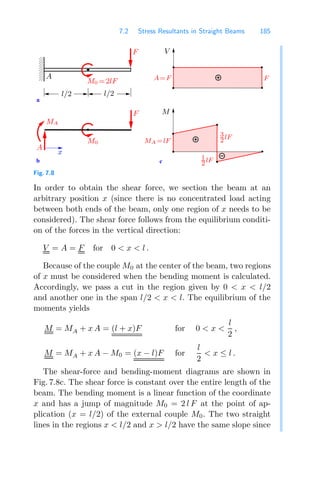 7.2 Stress Resultants in Straight Beams 185
a
b c
00
00
00
11
11
11
l/2 l/2
A
MA
M0
M0 =2lF
A
x
3
2lF
F
F
MA =lF
F
A=F
1
2lF
V
M
Fig. 7.8
In order to obtain the shear force, we section the beam at an
arbitrary position x (since there is no concentrated load acting
between both ends of the beam, only one region of x needs to be
considered). The shear force follows from the equilibrium conditi-
on of the forces in the vertical direction:
V = A = F for 0  x  l .
Because of the couple M0 at the center of the beam, two regions
of x must be considered when the bending moment is calculated.
Accordingly, we pass a cut in the region given by 0  x  l/2
and another one in the span l/2  x  l. The equilibrium of the
moments yields
M = MA + x A = (l + x)F for 0  x 
l
2
,
M = MA + x A − M0 = (x − l)F for
l
2
 x ≤ l .
The shear-force and bending-moment diagrams are shown in
Fig. 7.8c. The shear force is constant over the entire length of the
beam. The bending moment is a linear function of the coordinate
x and has a jump of magnitude M0 = 2 l F at the point of ap-
plication (x = l/2) of the external couple M0. The two straight
lines in the regions x  l/2 and x  l/2 have the same slope since
 