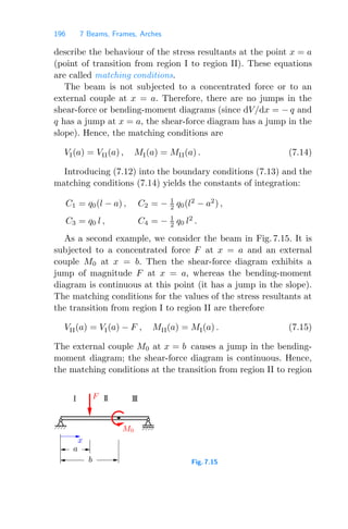 196 7 Beams, Frames, Arches
describe the behaviour of the stress resultants at the point x = a
(point of transition from region I to region II). These equations
are called matching conditions.
The beam is not subjected to a concentrated force or to an
external couple at x = a. Therefore, there are no jumps in the
shear-force or bending-moment diagrams (since dV/dx = − q and
q has a jump at x = a, the shear-force diagram has a jump in the
slope). Hence, the matching conditions are
VI(a) = VII(a) , MI(a) = MII(a) . (7.14)
Introducing (7.12) into the boundary conditions (7.13) and the
matching conditions (7.14) yields the constants of integration:
C1 = q0(l − a) ,
C3 = q0 l ,
C2 = − 1
2 q0(l2
− a2
) ,
C4 = − 1
2 q0 l2
.
As a second example, we consider the beam in Fig. 7.15. It is
subjected to a concentrated force F at x = a and an external
couple M0 at x = b. Then the shear-force diagram exhibits a
jump of magnitude F at x = a, whereas the bending-moment
diagram is continuous at this point (it has a jump in the slope).
The matching conditions for the values of the stress resultants at
the transition from region I to region II are therefore
VII(a) = VI(a) − F , MII(a) = MI(a) . (7.15)
The external couple M0 at x = b causes a jump in the bending-
moment diagram; the shear-force diagram is continuous. Hence,
the matching conditions at the transition from region II to region
a
M0
b
F
x
I III
II
Fig. 7.15
 