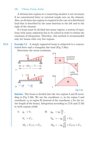 198 7 Beams, Frames, Arches
A division into regions at a connecting member is not necessary
if no concentrated force or external couple acts on the element.
Also, no division into regions is required in the case of a distributed
load that is described by the same function to the left and to the
right of the element.
If a beam must be divided into many regions, a system of equa-
tions with many unknowns has to be solved in order to obtain the
constants of integration. Therefore, this method is recommended
only for beams with very few regions.
E7.5 Example 7.5 A simply supported beam is subjected to a concen-
trated force and a triangular line load (Fig. 7.16a).
Determine the stress resultants.
c
b
a
cubic
quadratic
parabola
parabola
x2
x1
II
I F q0
F q0
l
b
a
V
M
Fig. 7.16
Solution The beam is divided into the two regions I and II accor-
ding to Fig. 7.16b. We use the coordinate x1 in the region I and
coordinate x2 in region II (instead of the coordinate x for the en-
tire length of the beam). Integration according to (7.9) and (7.10)
in both regions yields
I: qI = 0 , II: qII = q0
x2
b
,
VI = C1 , VII = − q0
x2
2
2 b
+ C3 ,
MI = C1 x1 + C2 , MII = − q0
x3
2
6 b
+ C3 x2 + C4 .
 