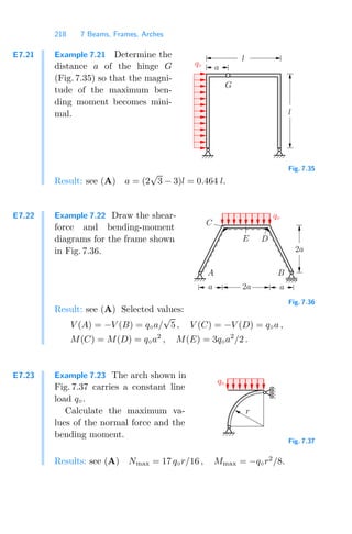 218 7 Beams, Frames, Arches
E7.21 Example 7.21 Determine the
distance a of the hinge G
(Fig. 7.35) so that the magni-
tude of the maximum ben-
ding moment becomes mini-
mal.
q◦
a
l
l
G
Fig. 7.35
Result: see (A) a = (2
√
3 − 3)l = 0.464 l.
E7.22 Example 7.22 Draw the shear-
force and bending-moment
diagrams for the frame shown
in Fig. 7.36. 2a
q◦
A B
a a
2a
C
D
E
Fig. 7.36
Result: see (A) Selected values:
V (A) = −V (B) = q◦a/
√
5 , V (C) = −V (D) = q◦a ,
M(C) = M(D) = q◦a2
, M(E) = 3q◦a2
/2 .
E7.23 Example 7.23 The arch shown in
Fig. 7.37 carries a constant line
load q◦.
Calculate the maximum va-
lues of the normal force and the
bending moment.
q◦
r
Fig. 7.37
Results: see (A) Nmax = 17 q◦r/16 , Mmax = −q◦r2
/8.
 