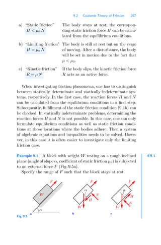 9.2 Coulomb Theory of Friction 267
a) “Static friction”
H  μ0 N
The body stays at rest; the correspon-
ding static friction force H can be calcu-
lated from the equilibrium conditions.
b) “Limiting friction”
H = μ0 N
The body is still at rest but on the verge
of moving. After a disturbance, the body
will be set in motion due to the fact that
μ  μ0.
c) “Kinetic friction”
R = μ N
If the body slips, the kinetic friction force
R acts as an active force.
When investigating friction phenomena, one has to distinguish
between statically determinate and statically indeterminate sys-
tems, respectively. In the ﬁrst case, the reaction forces H and N
can be calculated from the equilibrium conditions in a ﬁrst step.
Subsequently, fulﬁllment of the static friction condition (9.4b) can
be checked. In statically indeterminate problems, determining the
reaction forces H and N is not possible. In this case, one can only
formulate equilibrium conditions as well as static friction condi-
tions at those locations where the bodies adhere. Then a system
of algebraic equations and inequalities needs to be solved. Howe-
ver, in this case it is often easier to investigate only the limiting
friction case.
E9.1
Example 9.1 A block with weight W resting on a rough inclined
plane (angle of slope α, coeﬃcient of static friction μ0) is subjected
to an external force F (Fig. 9.5a).
Specify the range of F such that the block stays at rest.
000000
000000
000000
000000
000000
000000
111111
111111
111111
111111
111111
111111
a c
b
F
α
H
N
N
H
F
F
α α
W W
W
Fig. 9.5
 
